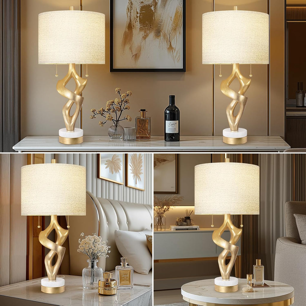 Scenekoy Sculptural Table Lamp Set of 2 with USB Ports for Bedroom Living Room, 26' Gold Leaf Marble Base Bedside Lamps, Pull Chains Switch Modern Nightstand Lamp for Home Room Decor (Bulbs Included)