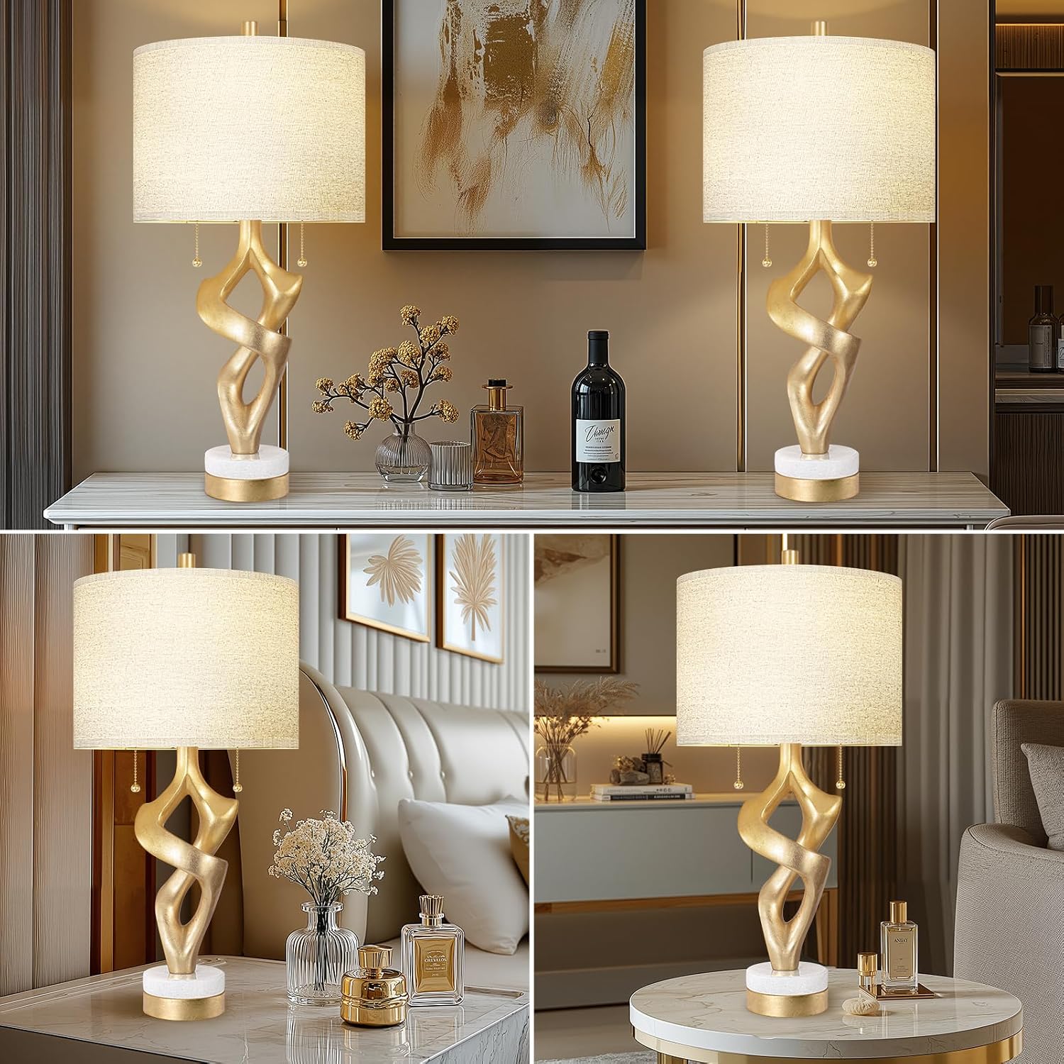 Scenekoy Sculptural Table Lamp Set of 2 with USB Ports for Bedroom Living Room, 26' Gold Leaf Marble Base Bedside Lamps, Pull Chains Switch Modern Nightstand Lamp for Home Room Decor (Bulbs Included)