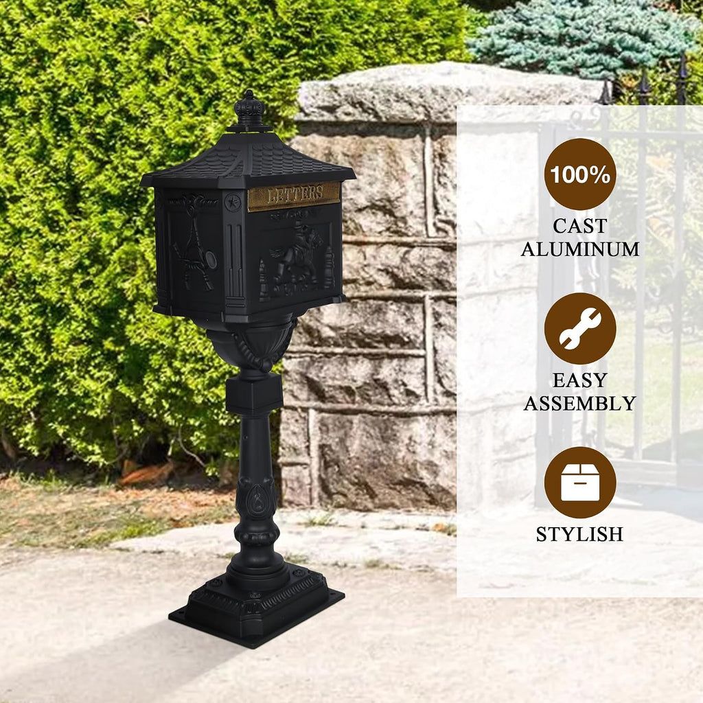 Mailbox, Heavy Duty Cast Aluminum Postal Box, Mail Box with 2 Keys for Courtyard Villa Decoration - Black