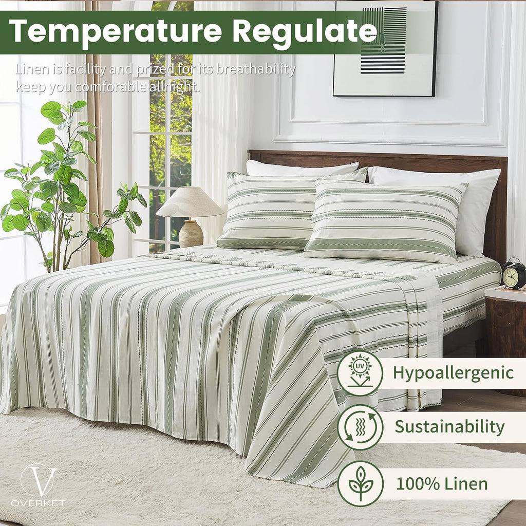 100% Linen Sheets Queen Size,Breathable & Durable 4-Piece Bed Flax Stripes Sheet Set,Soft All-Season Bedding for Hot Sleepers 16' Deep Pocket Oeko-TEX Certified,（Queen, Green Stripes）