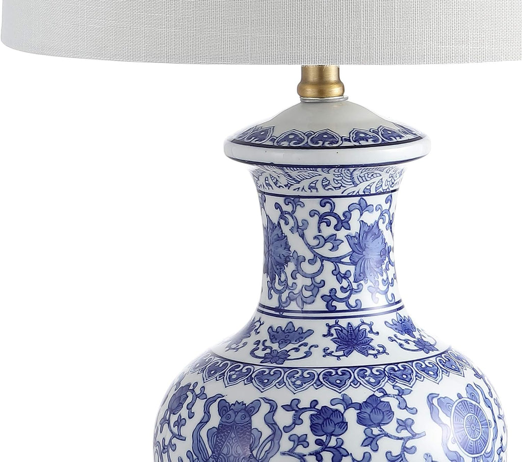 JONATHAN Y 25.25' Blue/White Ceramic Ginger Jar Table Lamp Set of 2, Traditional Brass Gold Base for Living Room Bedroom, White Linen Drum Shade, LED Bulbs Included JYL1072A-SET2