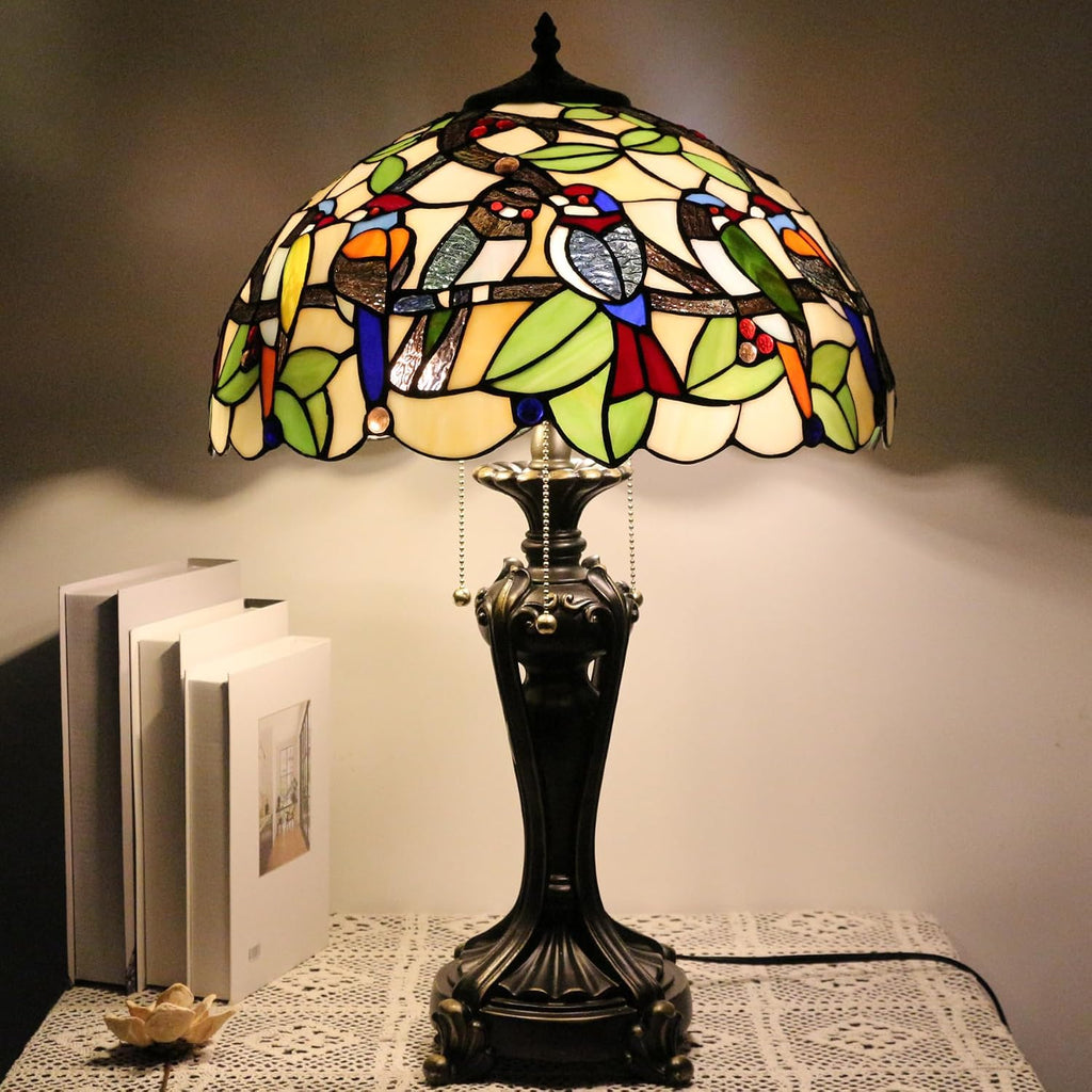 Large Tiffany Lamp Shade Replacement Only 16Inch Stained Glass Lampshade Fit For Table Lamps FLoor Lamp Ceiling Fixture Pendant Hanging Light Home Office Decoration (Double Birds Amber)