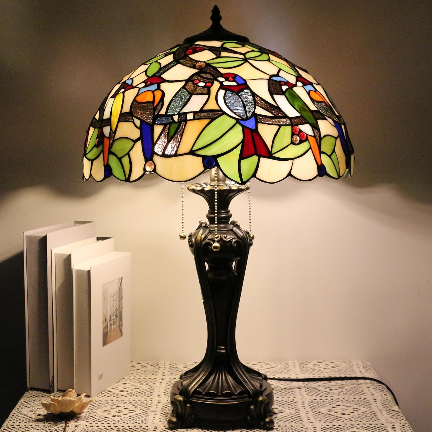 Large Tiffany Lamp Shade Replacement Only 16Inch Stained Glass Lampshade Fit For Table Lamps FLoor Lamp Ceiling Fixture Pendant Hanging Light Home Office Decoration (Double Birds Amber)
