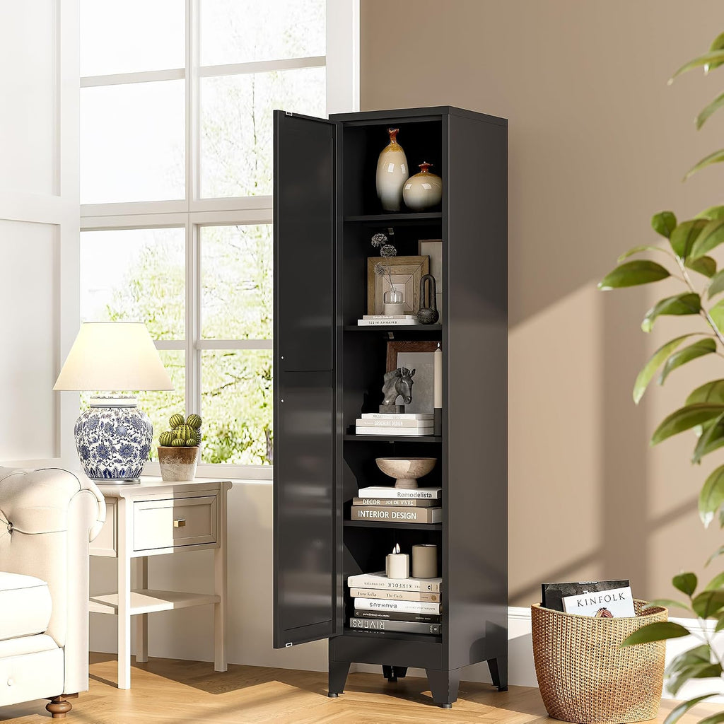 Bevivog Tall Narrow Storage Cabinet, 67' Single Door Metal Storage Locker Cabinet, Freestanding Tall Kitchen Pantry Cabinets for Small Space