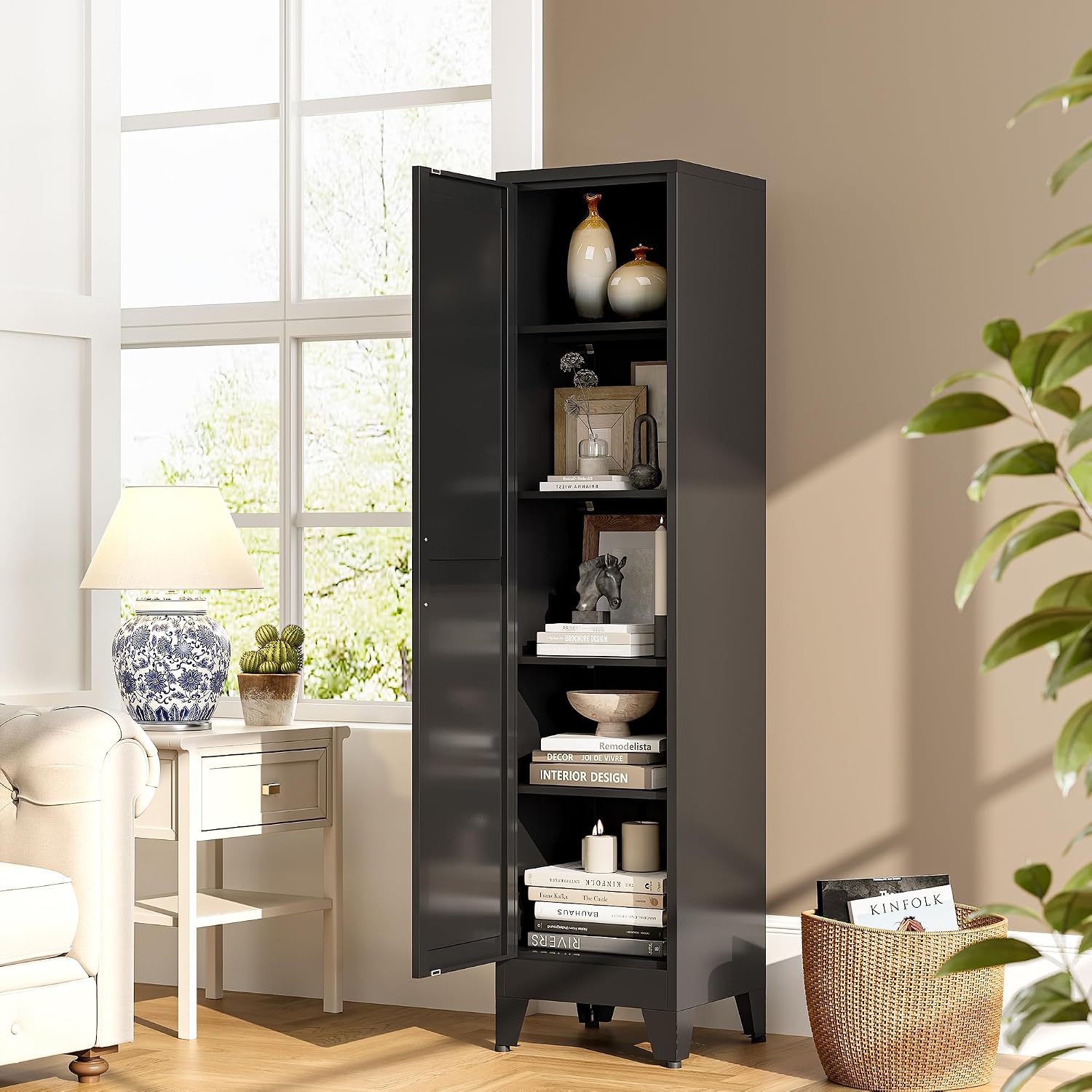 Bevivog Tall Narrow Storage Cabinet, 67' Single Door Metal Storage Locker Cabinet, Freestanding Tall Kitchen Pantry Cabinets for Small Space