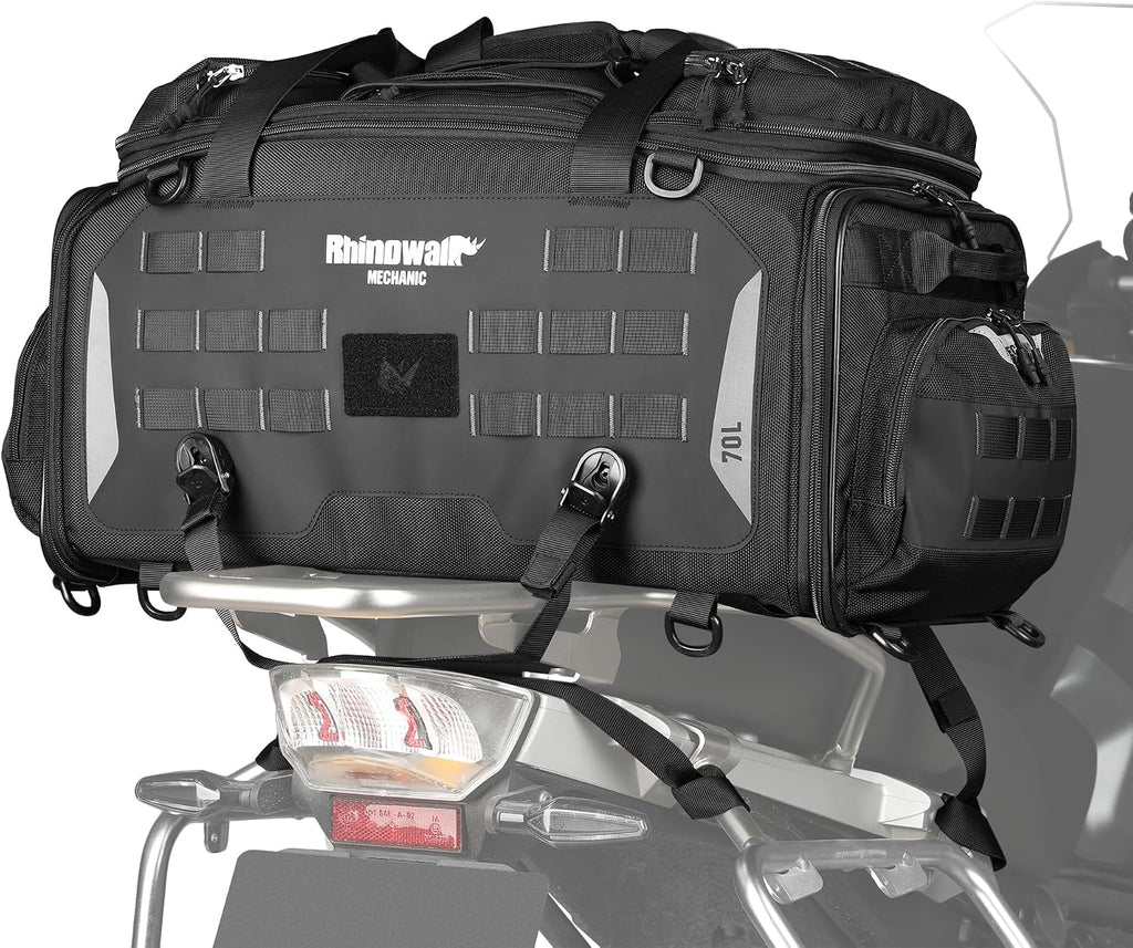 Rhinowalk Motorcycle Tail Bag - Expandable 50-70L Travel Luggage, Sport Saddle Bag, Waterproof Helmet Bag with Rain Cover, Backpack & Molle System-Black