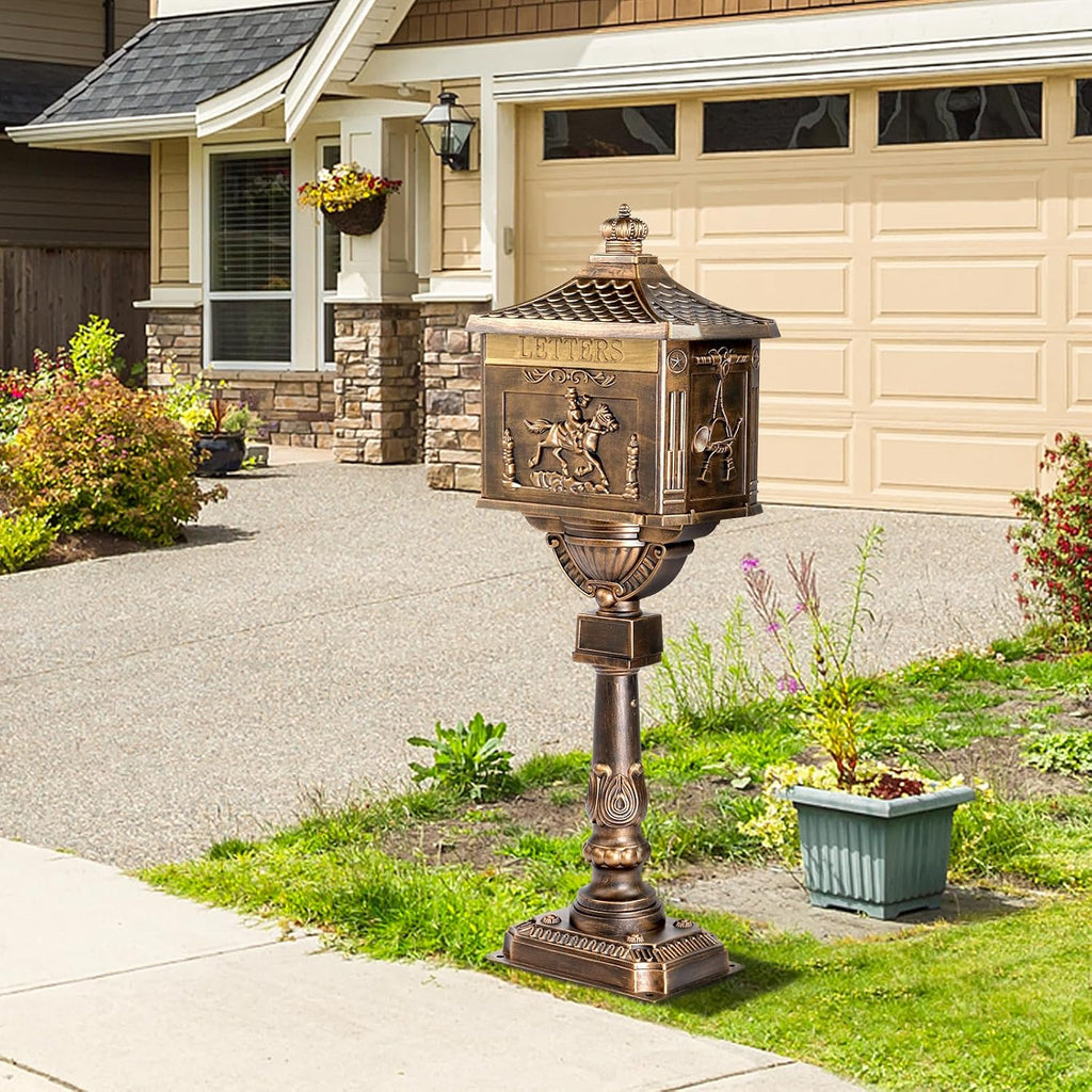 Cast Aluminum Mailbox Postal Box, Locking Mailbox for Outside with Keys, Curbside Mail Manager Outside Weatherproof Rustproof Security Post-Mount Mail Box (Antique Bronze)