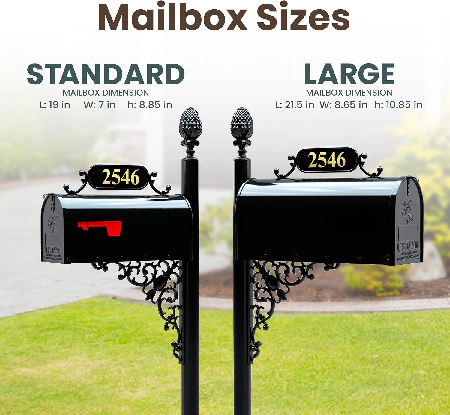 Magnolia Large Mailbox & Post System – Black Rust Resistant Mailbox – Includes Plaque, Decorative Bracket, Decorative Finial & Mounting Hardware - Customized Address Numbers