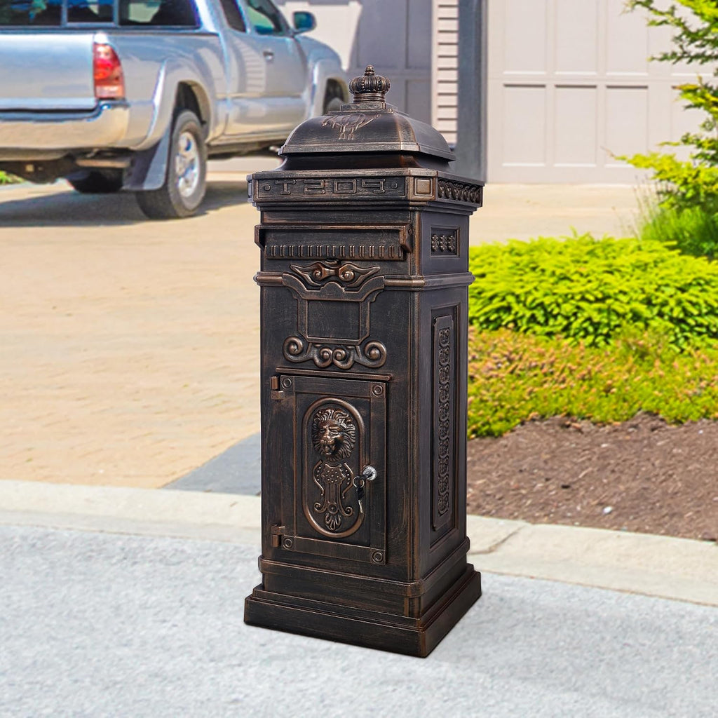 Vintage Large-Capacity Cast Aluminum Mailbox, Outdoor Weatherproof Floor Standing Postbox, Decorative Copper Finish Letter Box with Lock, Roman Column Design for Home Use (Bronze)