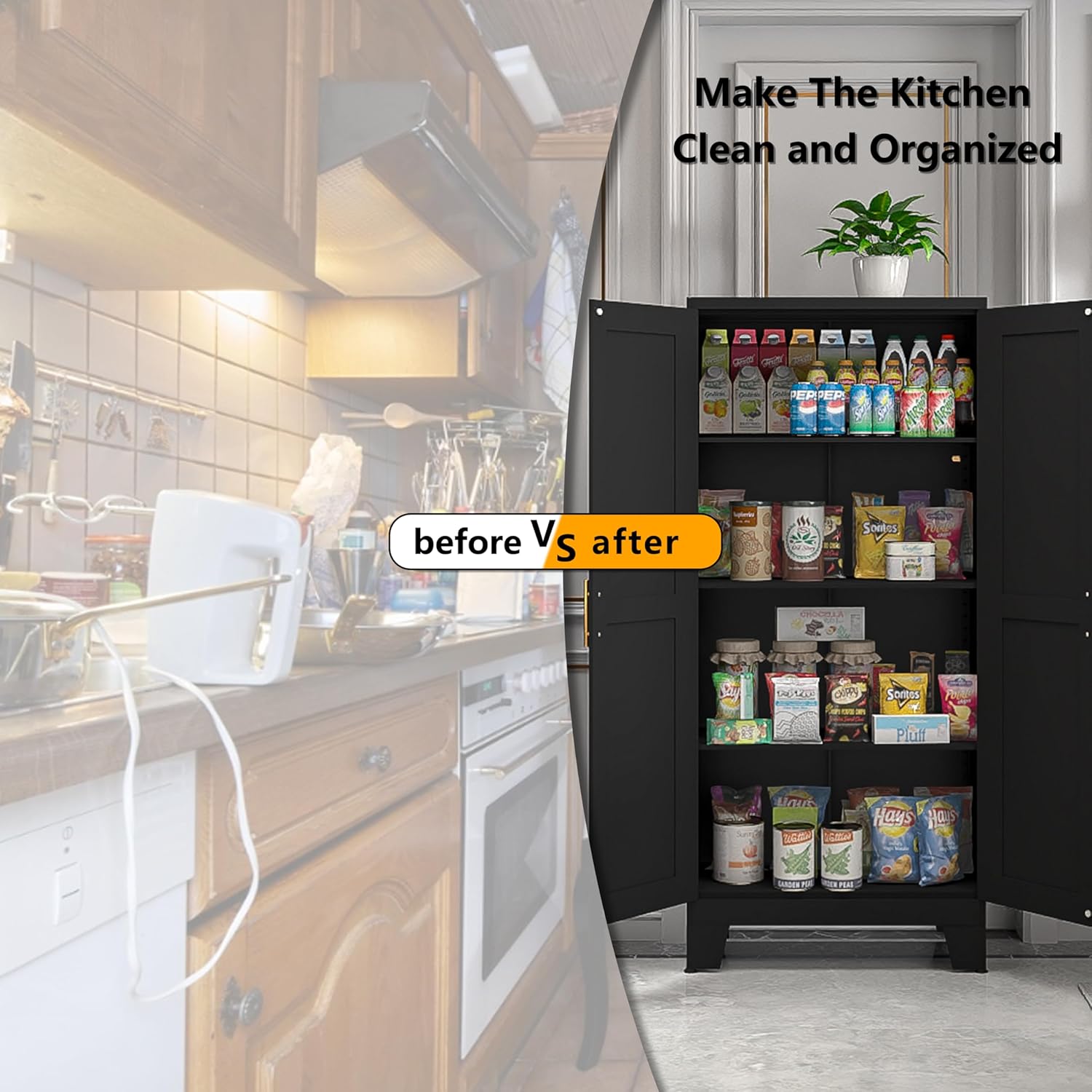 PAOFIN 61' Balck Metal Kitchen Storage Cabinet, Kitchen Pantry Storage Cabinet with Doors and Shelves, Storage Cabinet with Adjustable Leveling Foot for Kitchen, Living Room and Dining Room