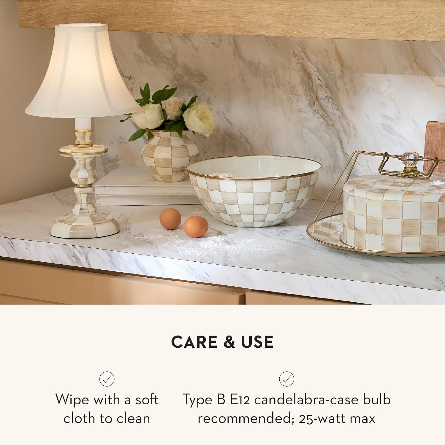 MACKENZIE-CHILDS Candlestick Lamp, Decorative Living Room and Bedroom Lamp, Brown-and-White Mocha Check
