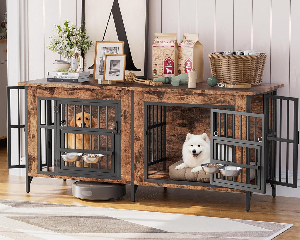 Grepatio 63' Double Dog Crate Furniture, Large Dog Kennel for 2 Dogs, Indoor Wooden Dog Crate with Rotating Feeder Bowls and 4 Doors, Heavy Duty Dog House TV Stand with Removable Divider