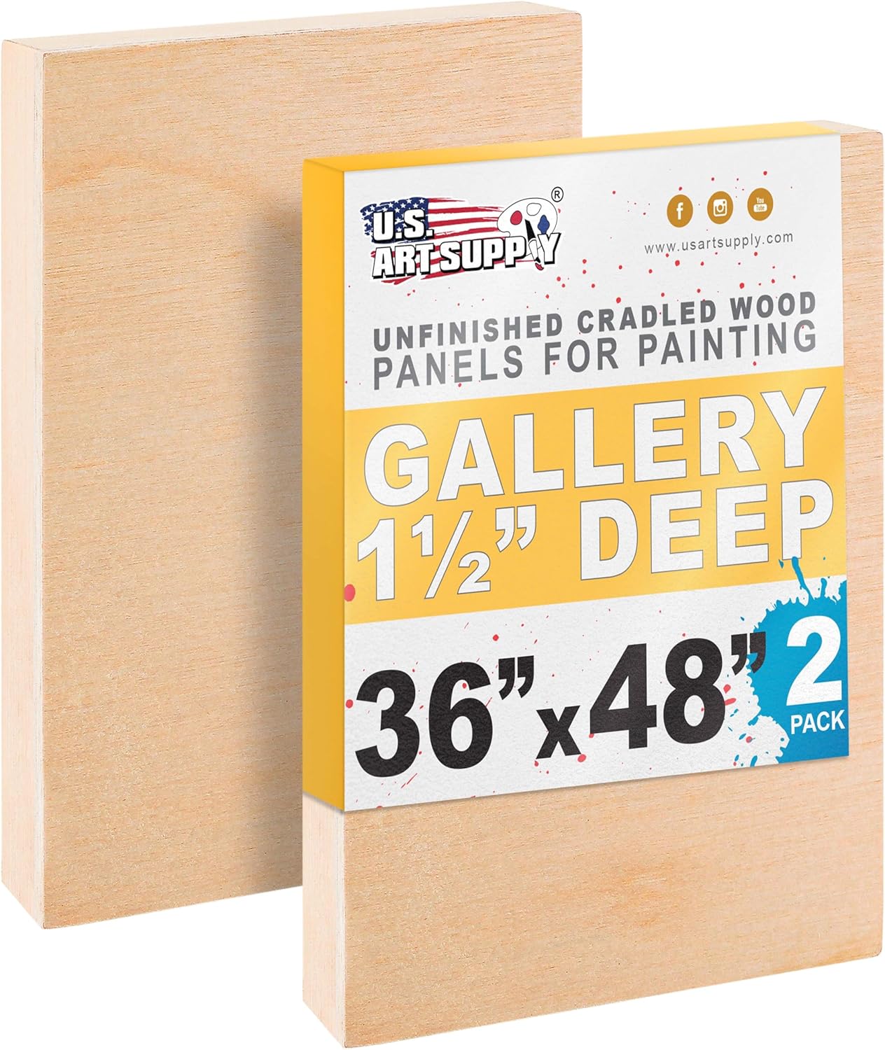 U.S. Art Supply 36' x 48' Unfinished Cradled Wood Panels for Painting, Gallery 1-1/2' Deep (2 Pack) - Artist Depth Wooden Wall Canvases - Mixed-Media Craft, Acrylic, Oil, Encaustic, Paint Pouring