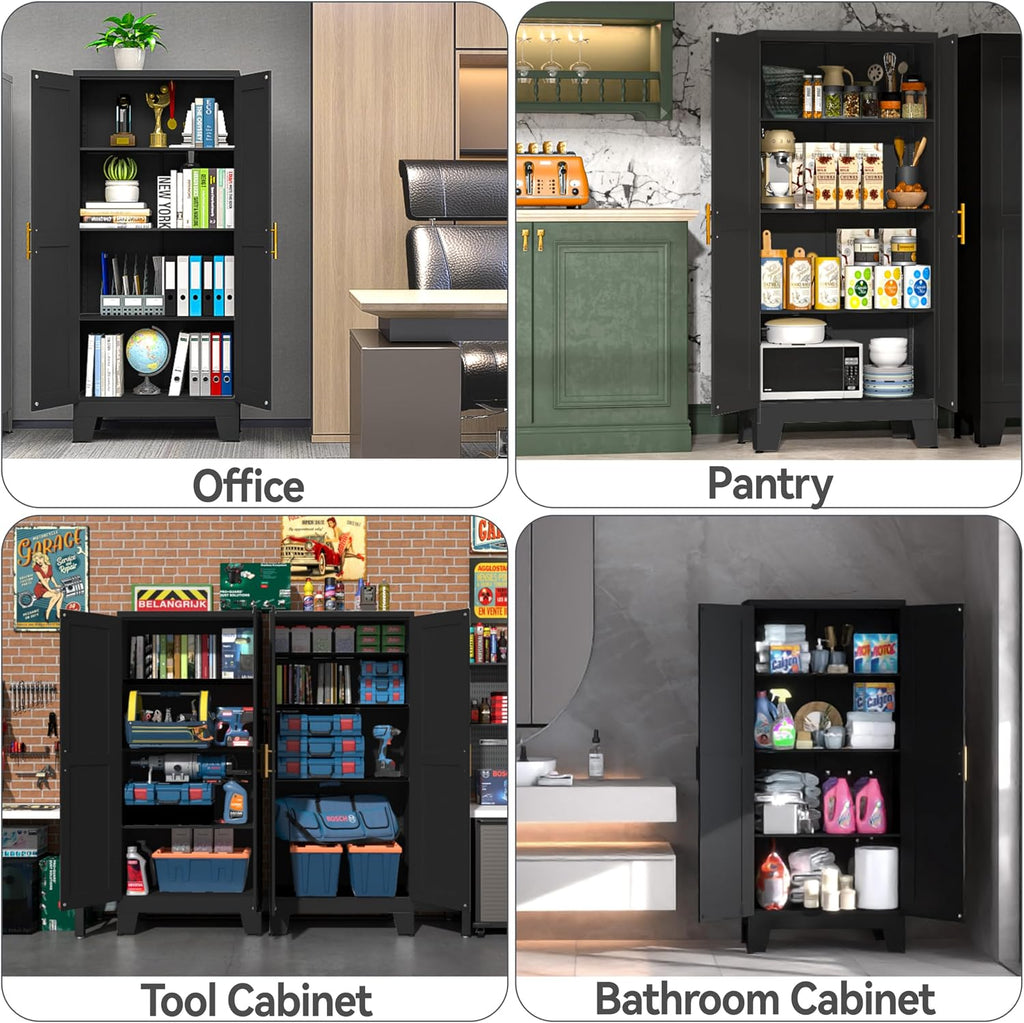PAOFIN 61' Balck Metal Kitchen Storage Cabinet, Kitchen Pantry Storage Cabinet with Doors and Shelves, Storage Cabinet with Adjustable Leveling Foot for Kitchen, Living Room and Dining Room