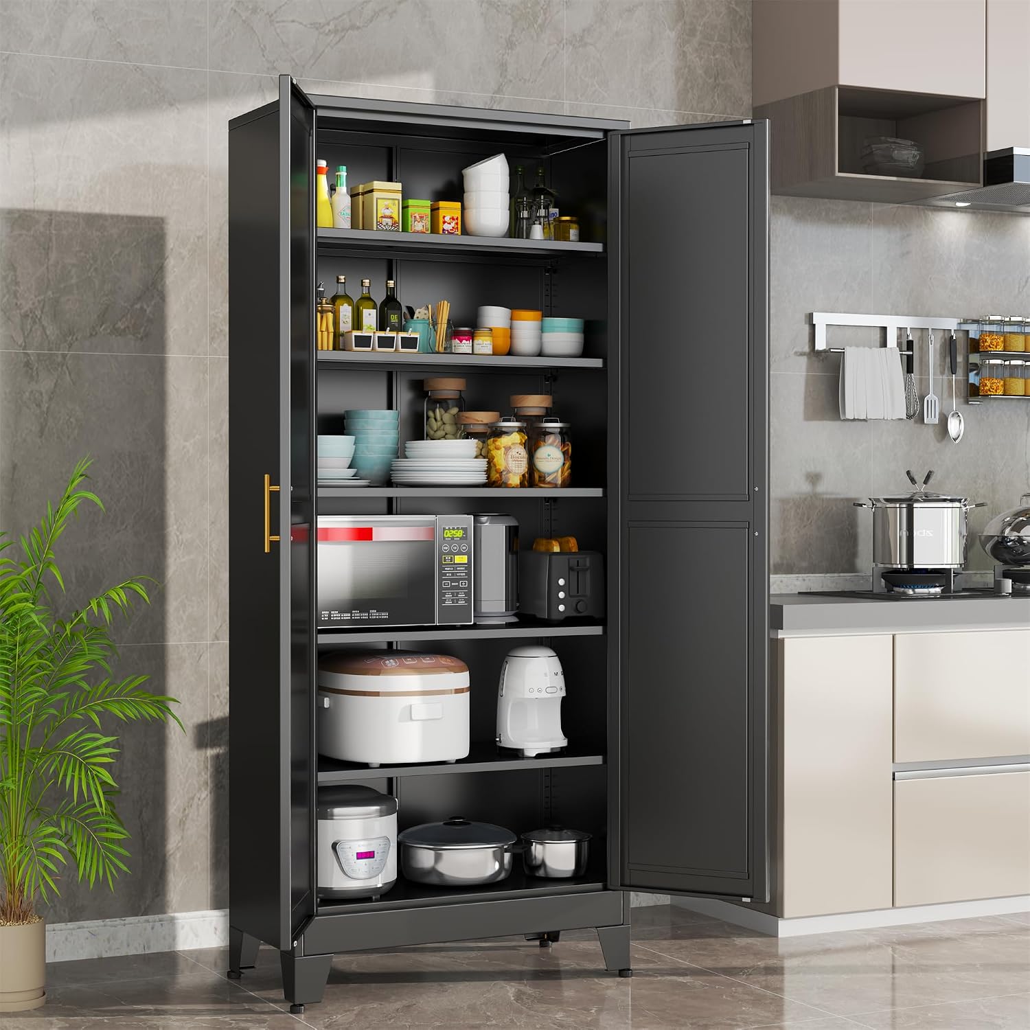 erosoei 75.2'H Metal Kitchen Pantry Storage Cabinet, Storage Cabinets with Adjustable Feet and Shelves,Food Pantries Cupboard for Kitchen, Living Room, Laundry Room and Dinning Room（Black）