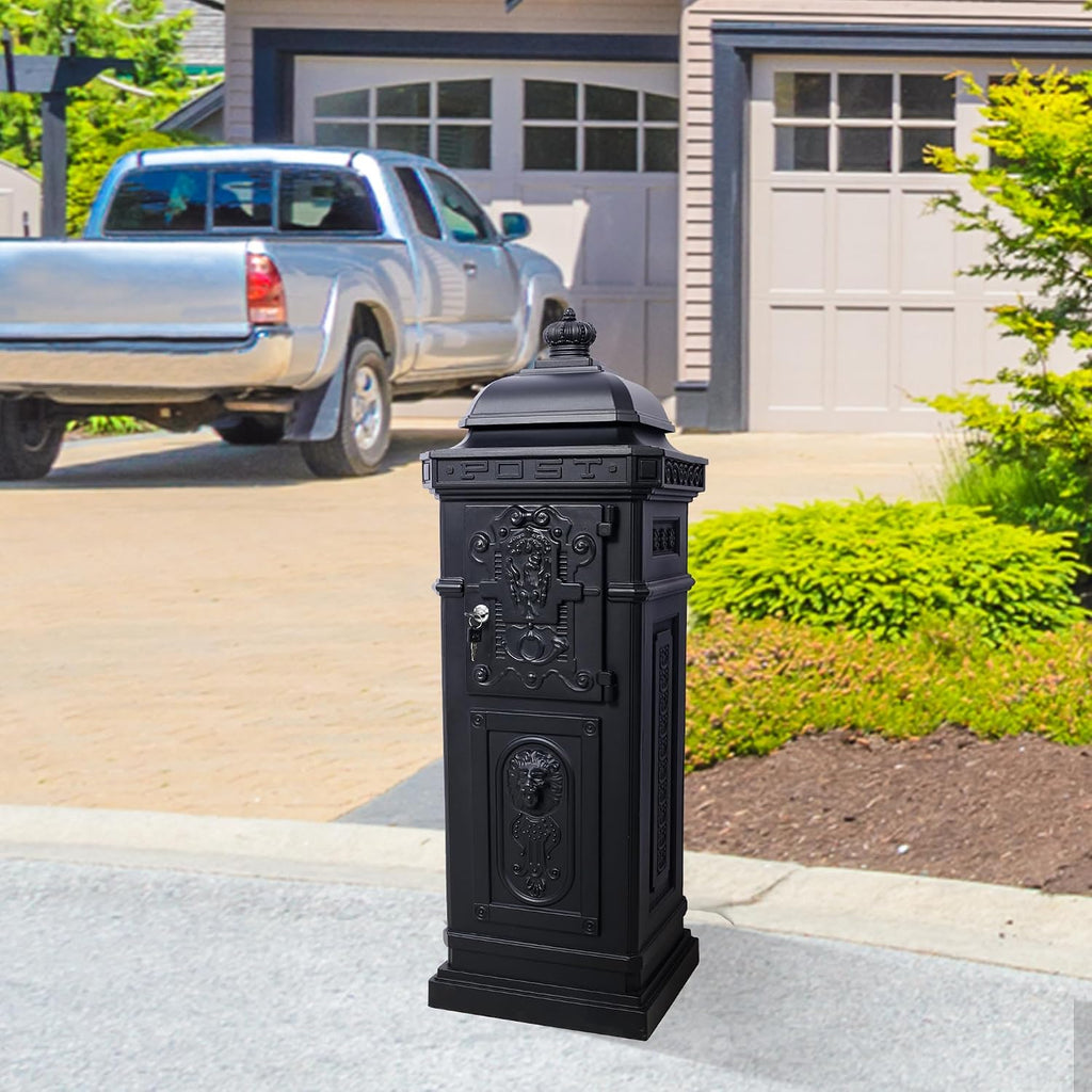 Vintage Large-Capacity Cast Aluminum Mailbox, Outdoor Weatherproof Floor Standing Postbox, Decorative Copper Finish Letter Box with Lock, Roman Column Design for Home Use (Black)
