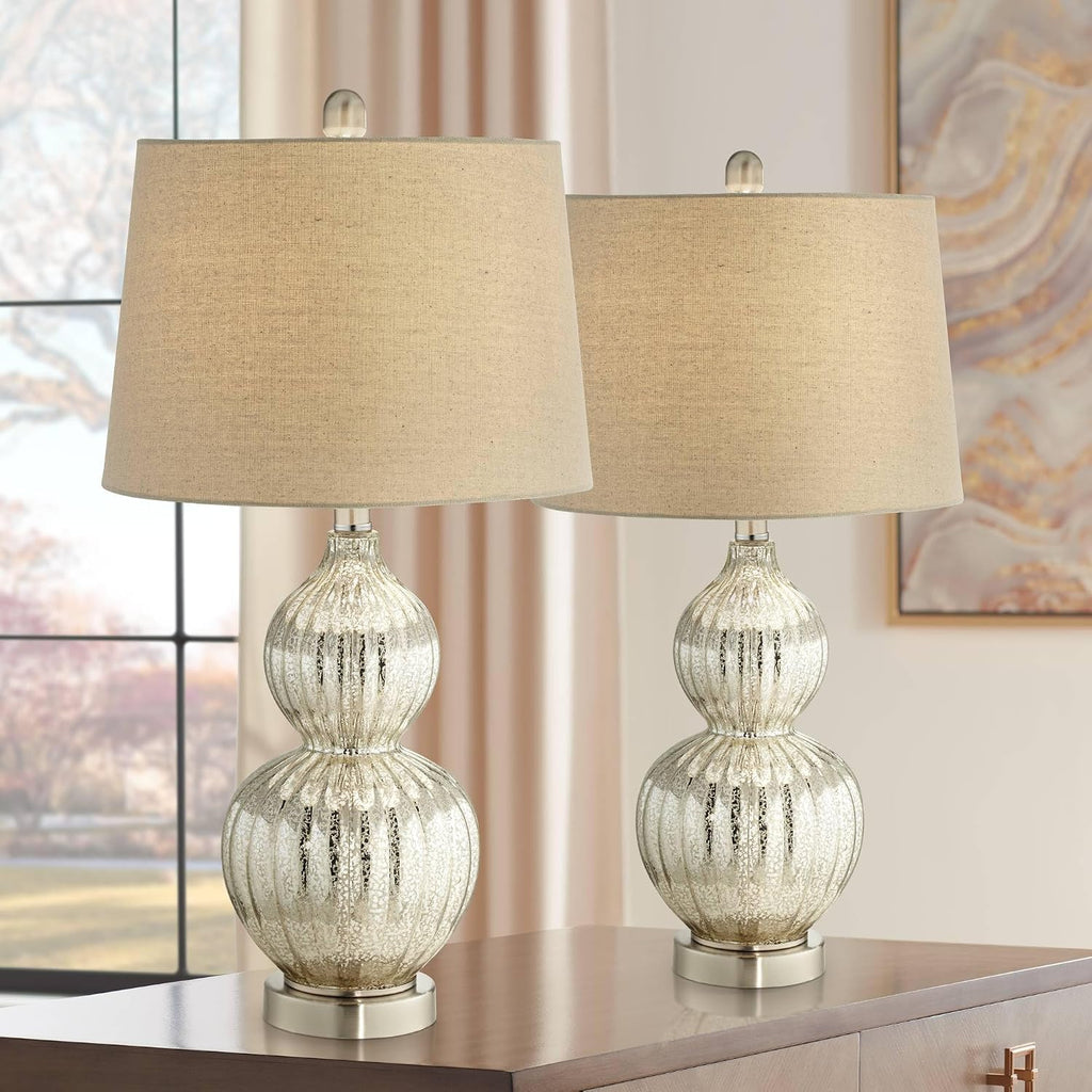 Regency Hill Lili Table Lamps 25' High Set of 2 Fluted Mercury Glass Brushed Silver Metal Double Gourd Drum Shade Decor for Living Room Bedroom House Bedside Nightstand Home Office