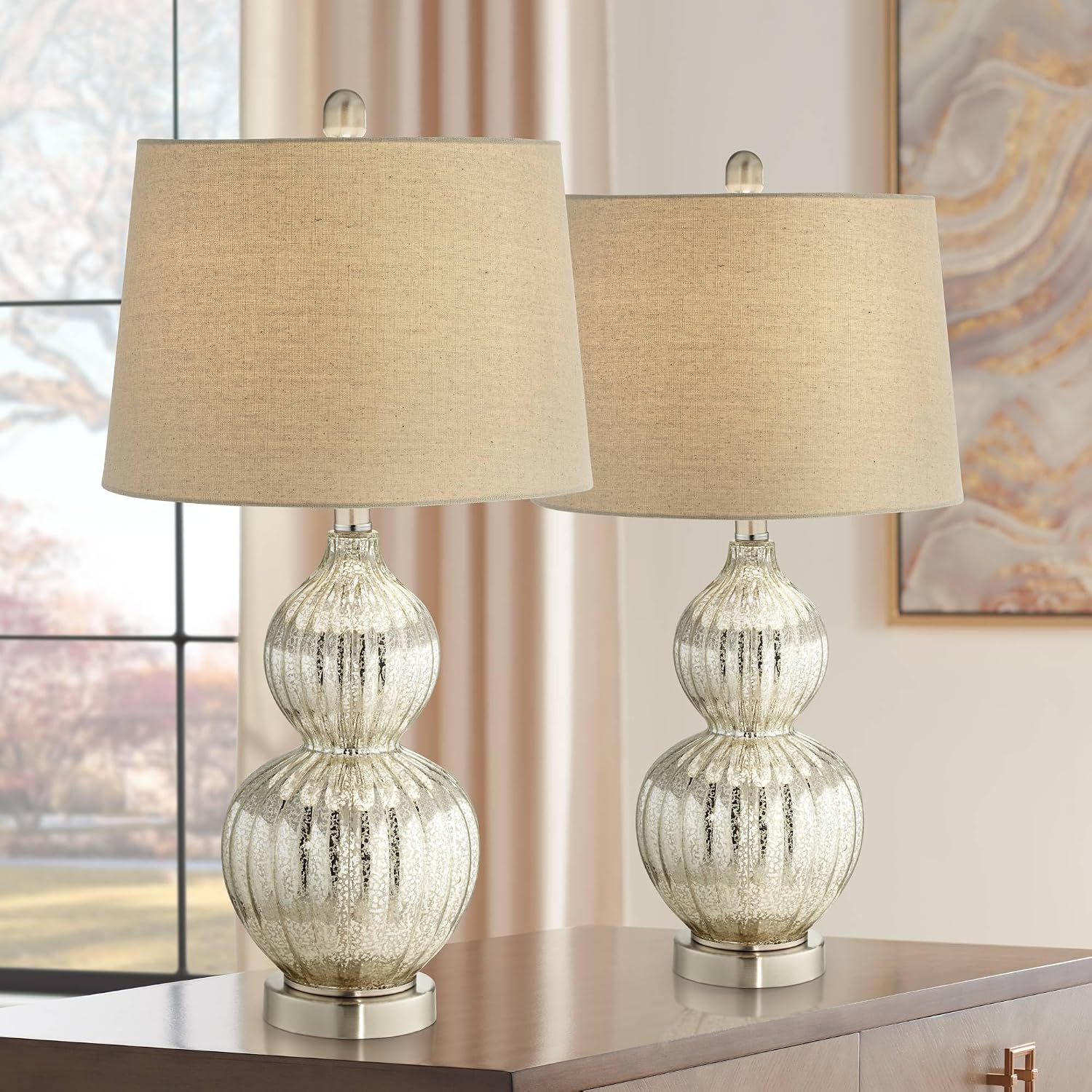 Regency Hill Lili Table Lamps 25' High Set of 2 Fluted Mercury Glass Brushed Silver Metal Double Gourd Drum Shade Decor for Living Room Bedroom House Bedside Nightstand Home Office