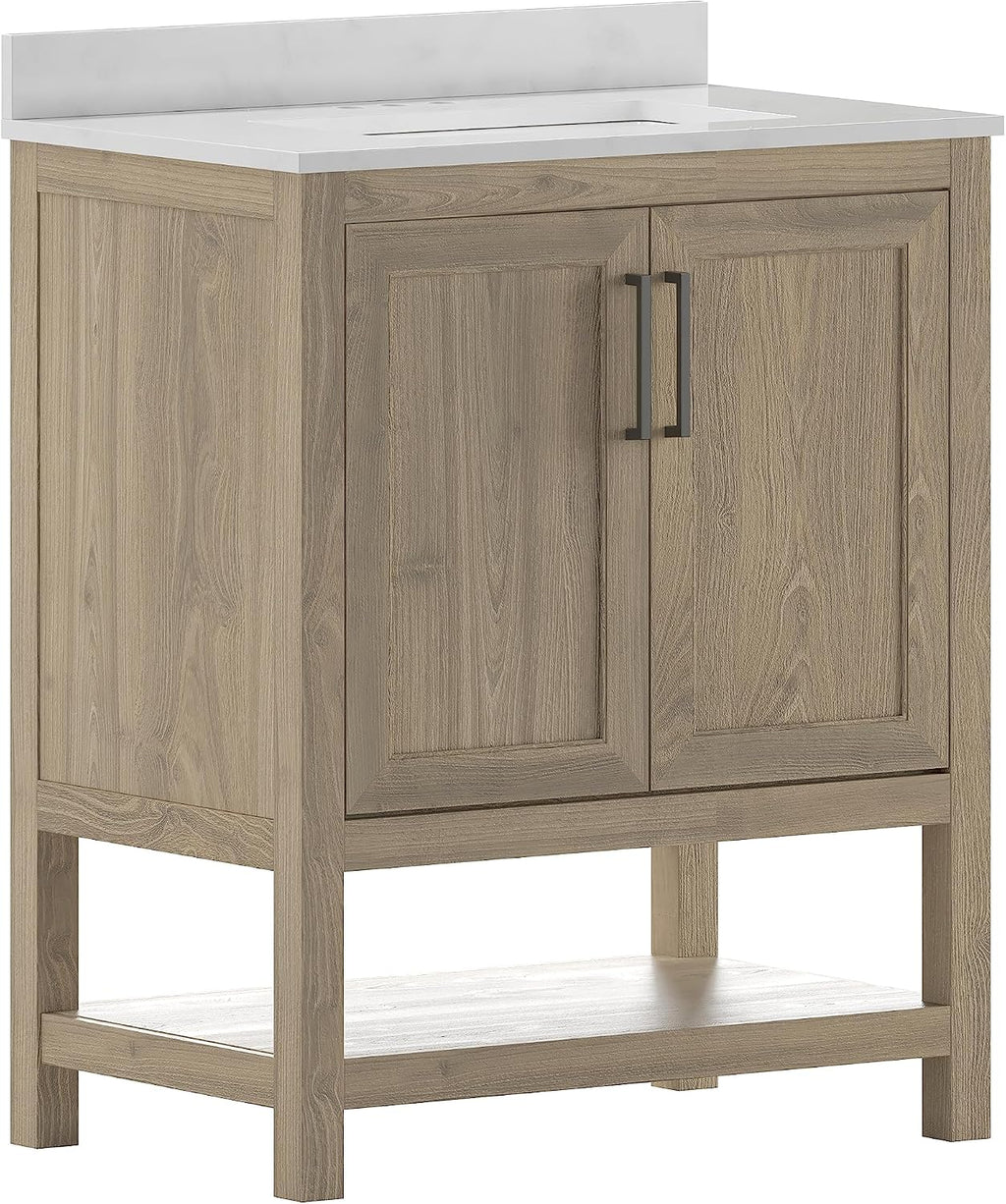 Flash Furniture Vega 30 Inch Bathroom Vanity with Sink Combo, Storage Cabinet with Soft Close Doors and Open Shelf, Carrara Marble Finish Countertop, Brown/White