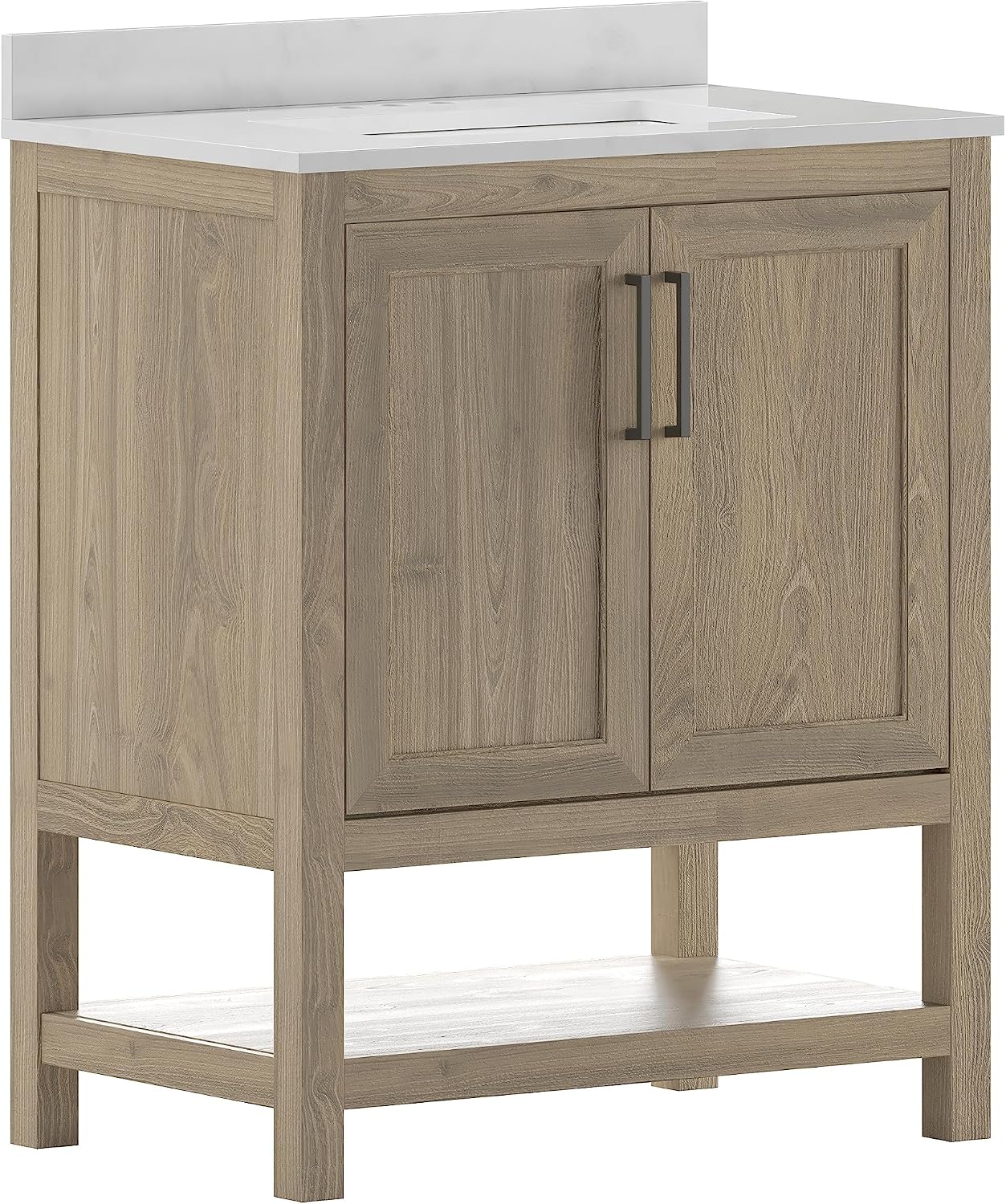Flash Furniture Vega 30 Inch Bathroom Vanity with Sink Combo, Storage Cabinet with Soft Close Doors and Open Shelf, Carrara Marble Finish Countertop, Brown/White