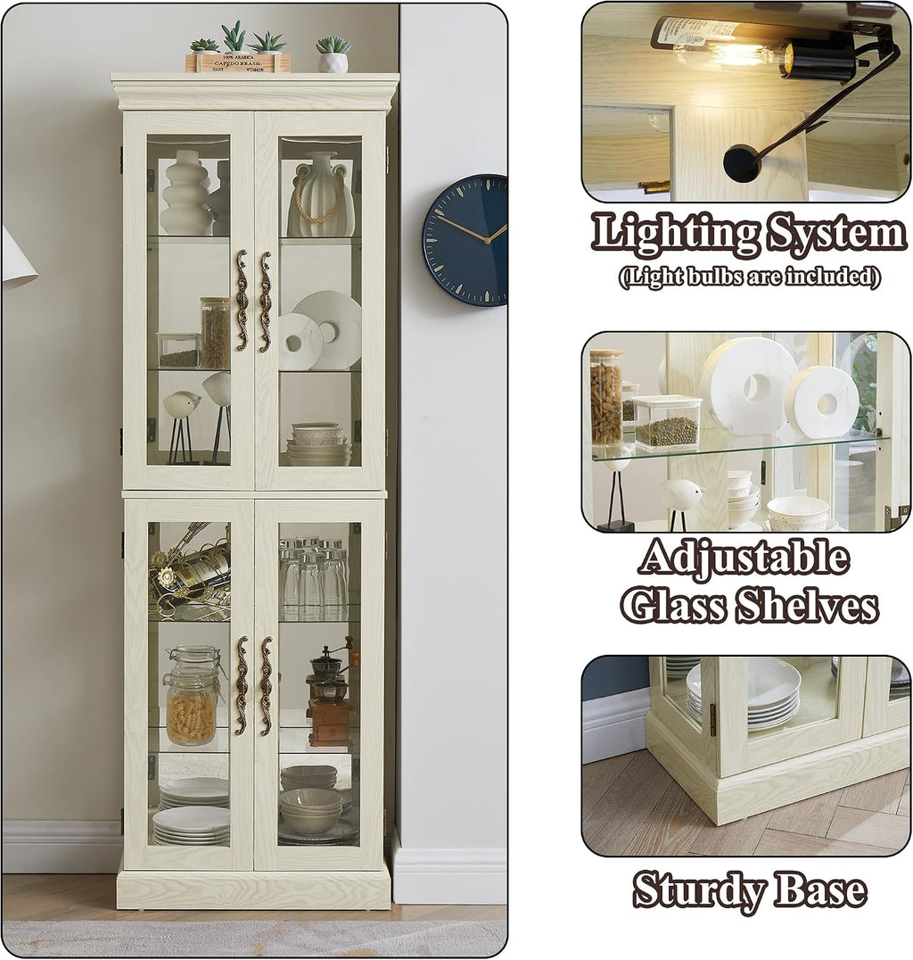 71' H Lighted Curio Cabinet Display Case, Glass Curio Cabinets with Adjustable Shelves and Tempered Glass Door, Wooden Cabinet w/Mirrored Back Pane for Living Room (Antique White)