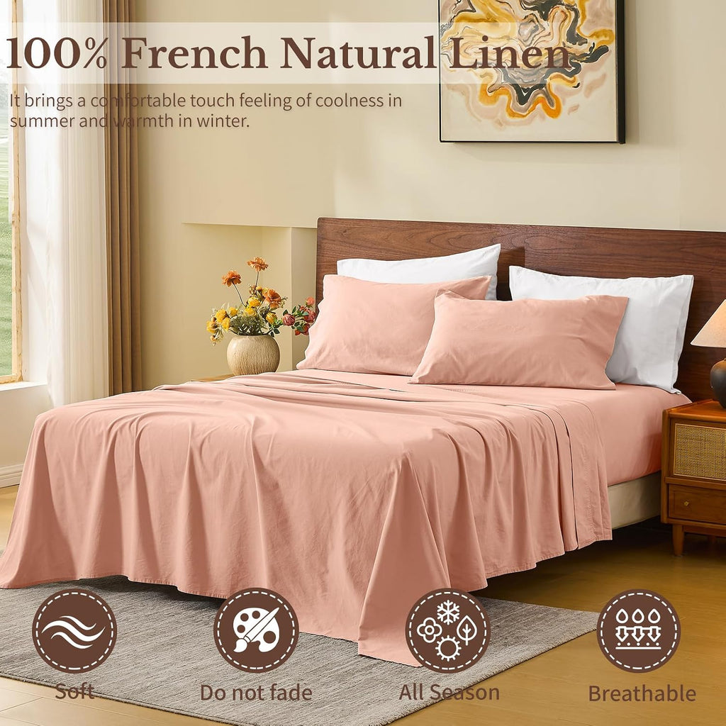 MEISHANG 100% French Pure Linen Sheets Queen Size - Bed Sheets 4 Piece Sets, Soft Durable Flax Linen, Anti-Tear Breathable Moisture Wicking with 16' Deep Pocket (Light Red)