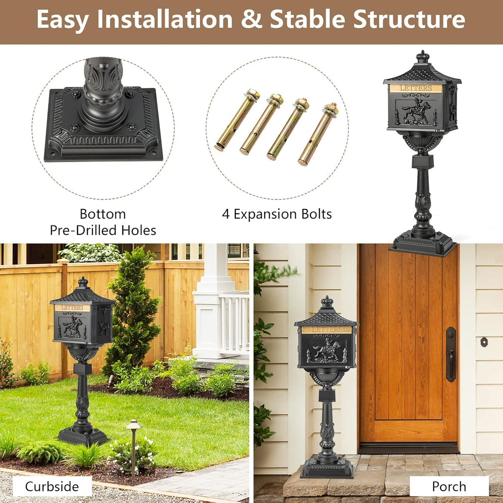 IRONMAX Mailbox for Outside, Locking Cast Aluminum Rural Security Postal Box with Keys, Heavy Duty Water-Resistant Mailbox with Post for Residential House, Black