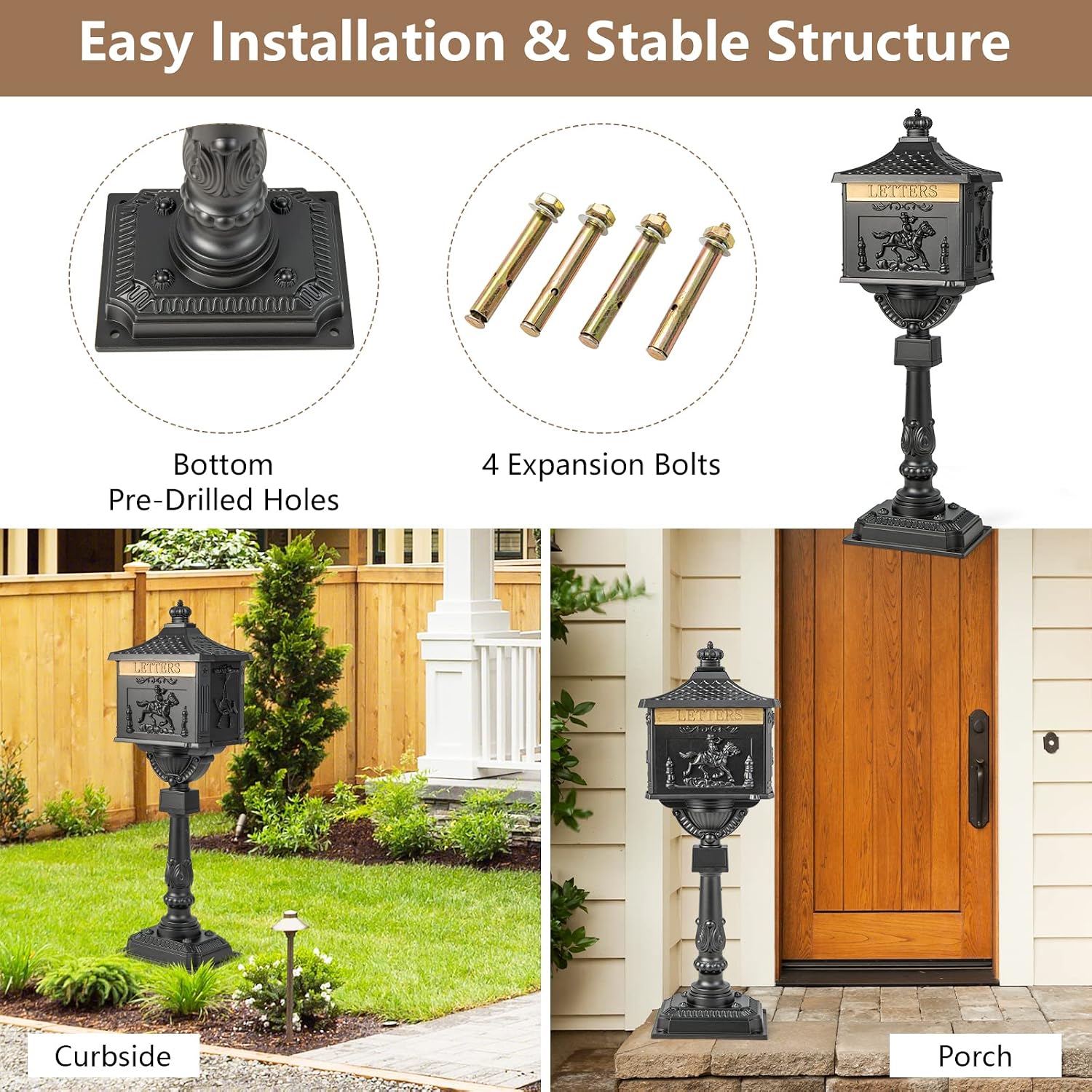 IRONMAX Mailbox for Outside, Locking Cast Aluminum Rural Security Postal Box with Keys, Heavy Duty Water-Resistant Mailbox with Post for Residential House, Black
