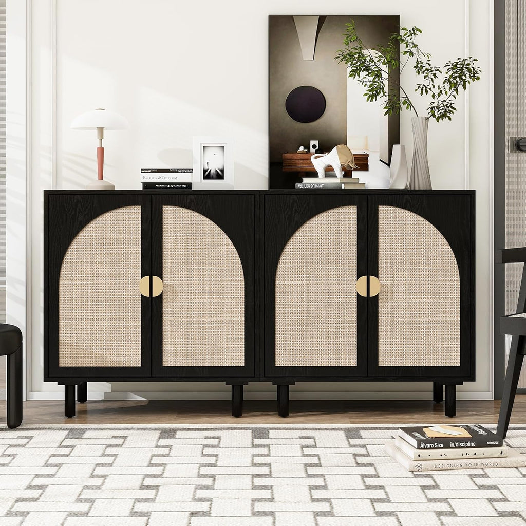 Black 4-Door Rattan Buffet Cabinet-Sideboard Buffet Cabinet with Storage, Accent Sideboard Cabinets-Wood Credenza with Cane Door, Boho Style Console Table for Dining Room & Living Room