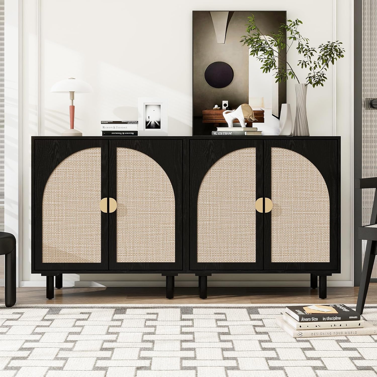 Black 4-Door Rattan Buffet Cabinet-Sideboard Buffet Cabinet with Storage, Accent Sideboard Cabinets-Wood Credenza with Cane Door, Boho Style Console Table for Dining Room & Living Room
