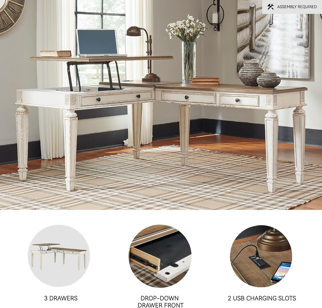 Signature Design by Ashley Realyn French Country 3-Drawer 2-Piece Home Office Desk with Spring Lift Top, USB Ports and AC Plug-Ins, Dark Brown & White