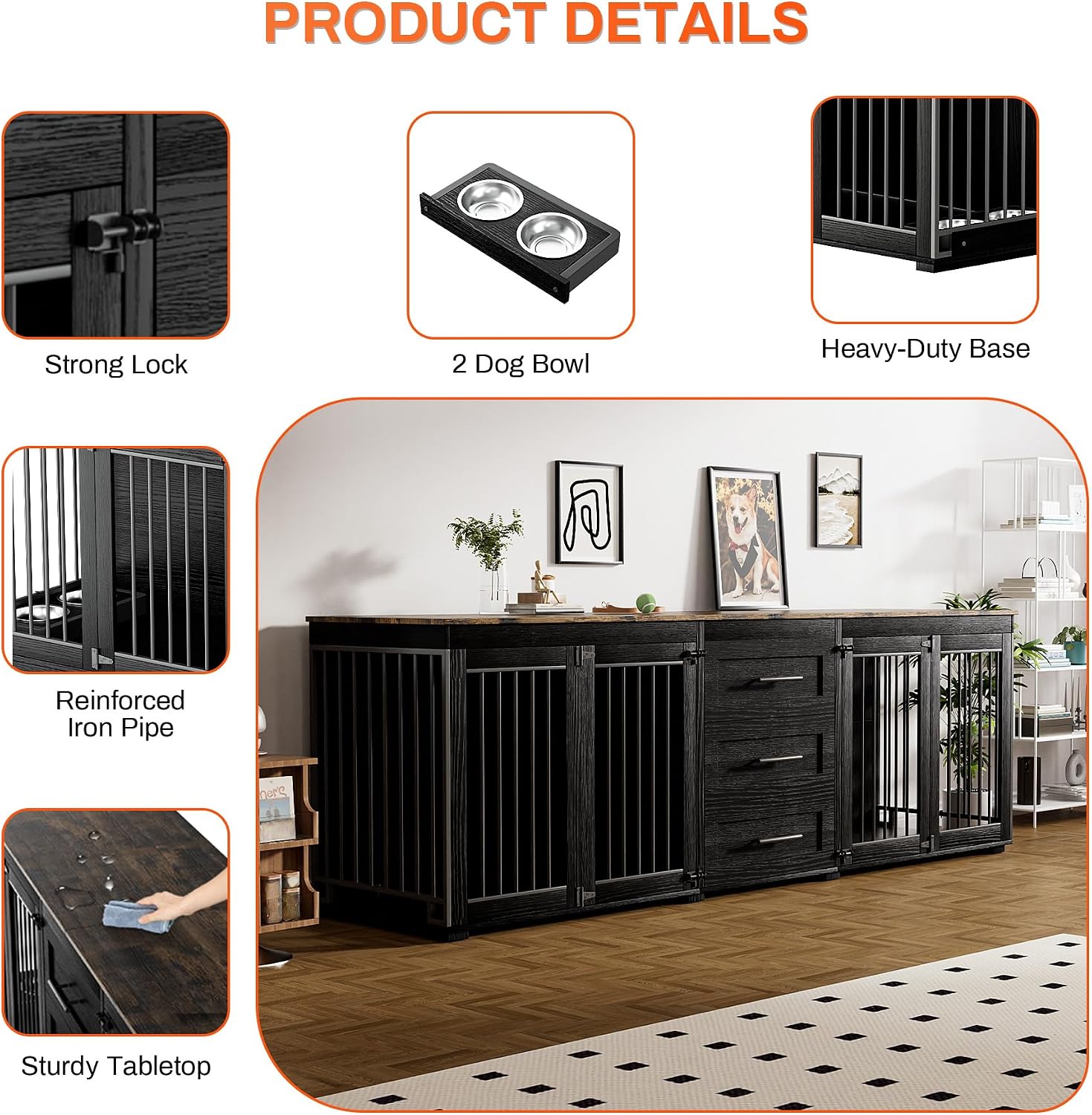 Rophefx 94.5' Dog Crate Furniture for 2 Dogs, Large Dog Kennel Furniture with 3 Storage Drawer, Wooden Dog Cage with 4 Bowls, Indoor Dog House TV Stand with Locks for Large Medium Dog, Black