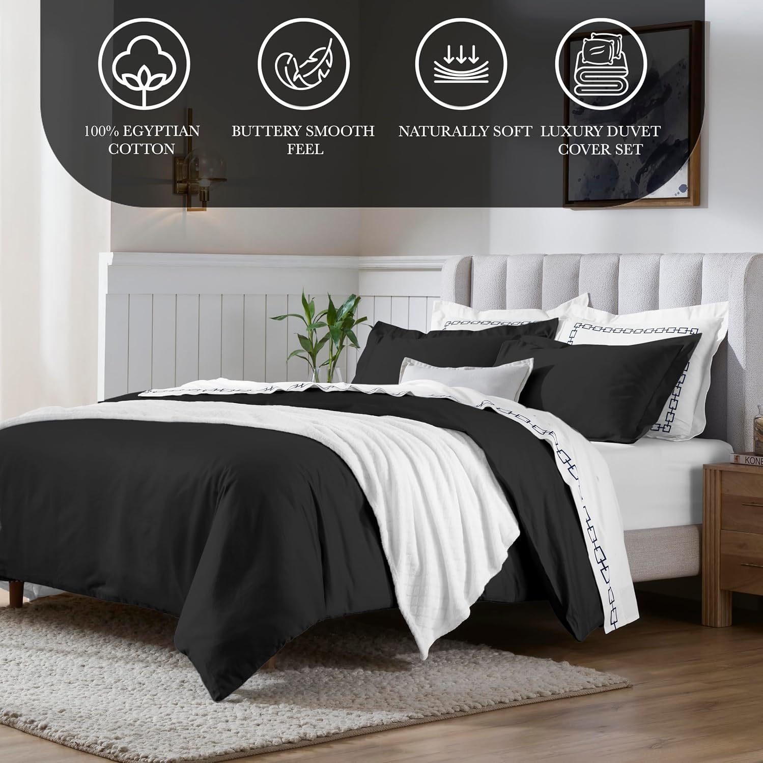 Superior Egyptian Cotton 650 Thread Count Duvet Cover Set, Bed Covers, Includes 1 Duvet Cover, 2 Pillow Shams, Bedding Essentials, Master, Guest, Hotel Bedroom Decor, Full/Queen, Black