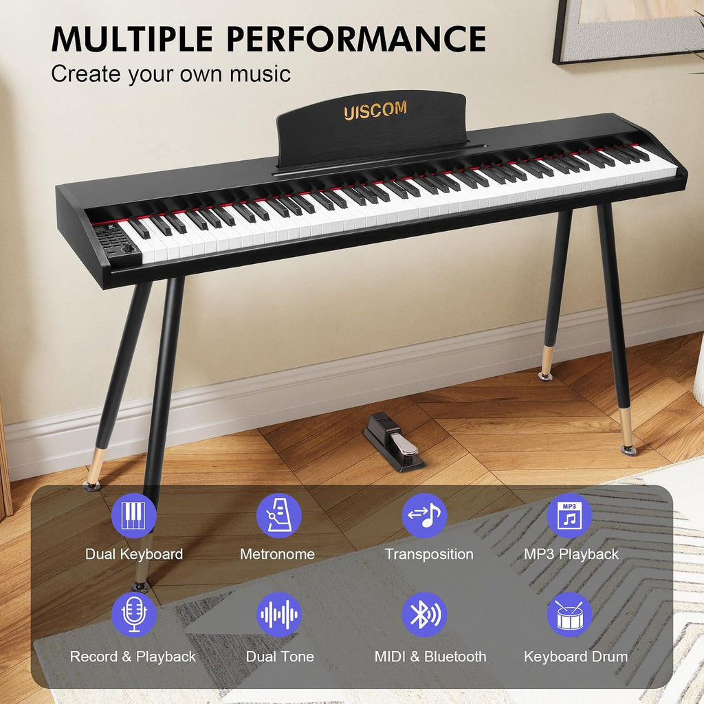 UISCOM Digital Piano Keyboard for Beginners,Full Size 88 Key Semi-Weighted Keyboard Electric Piano with Stand,Power Adapter,Sheet Music Stand,Pedal,Headphone,USB-MIDI Compatibility,Wood Black