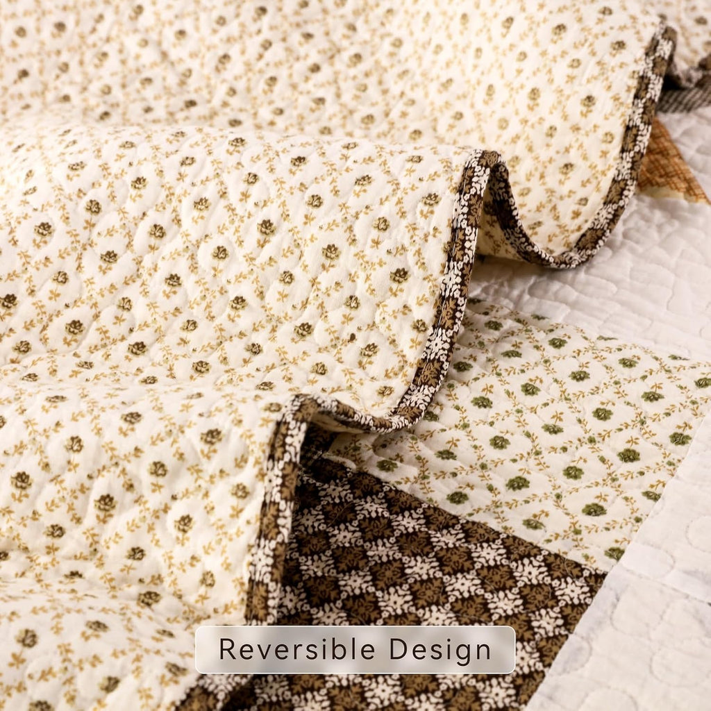 YAYIDAY Oversized Queen Bedspread Patchwork Quilt Set (110x118 Inch) - 100% Cotton Reversible Breathable Brown Geometric Quilted Coverlet with Pillow Shams for All Seasons