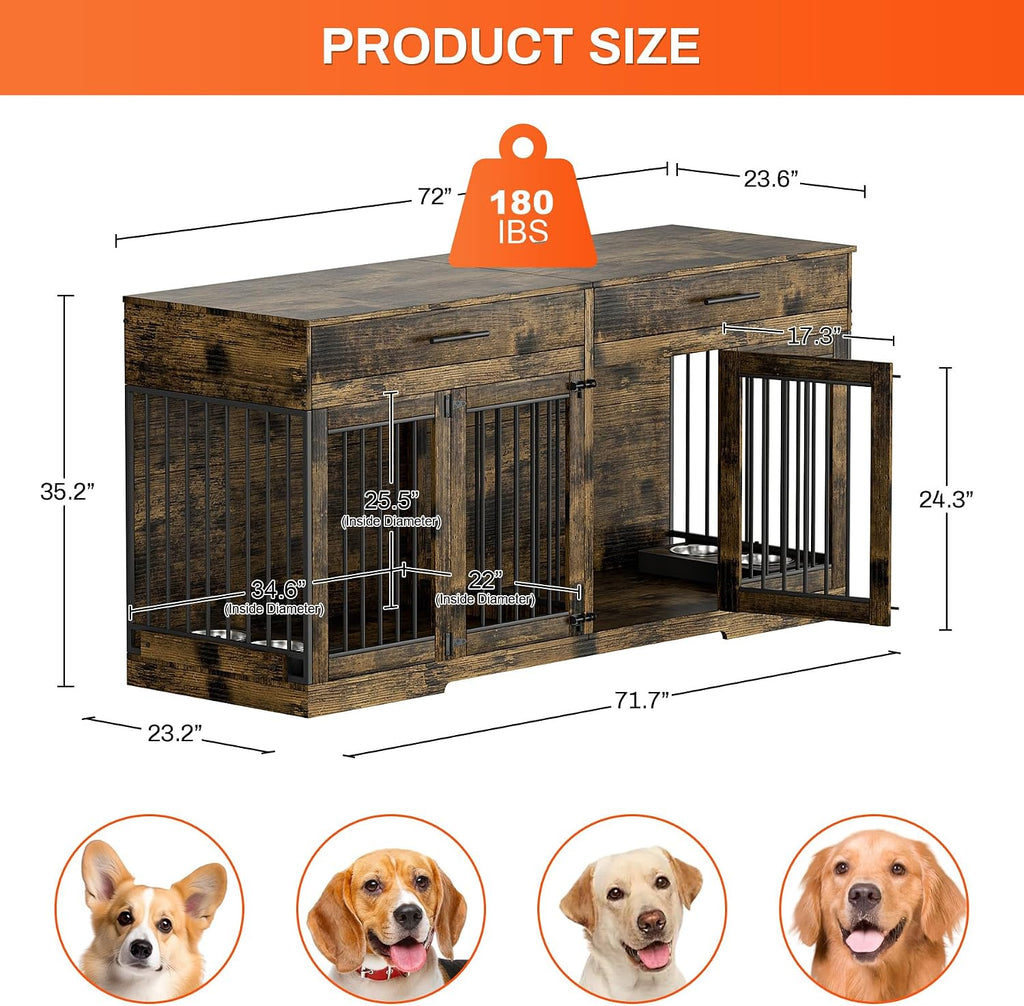 Rophefx 72' Dog Crate Furniture for 2 Dogs, Large Dog Kennel Furniture with 2 Storage Drawer and 4 Bowls, Wooden Dog Cage with Removable Divider, Indoor Dog House TV Stand for Medium Dog, Rustic Brown
