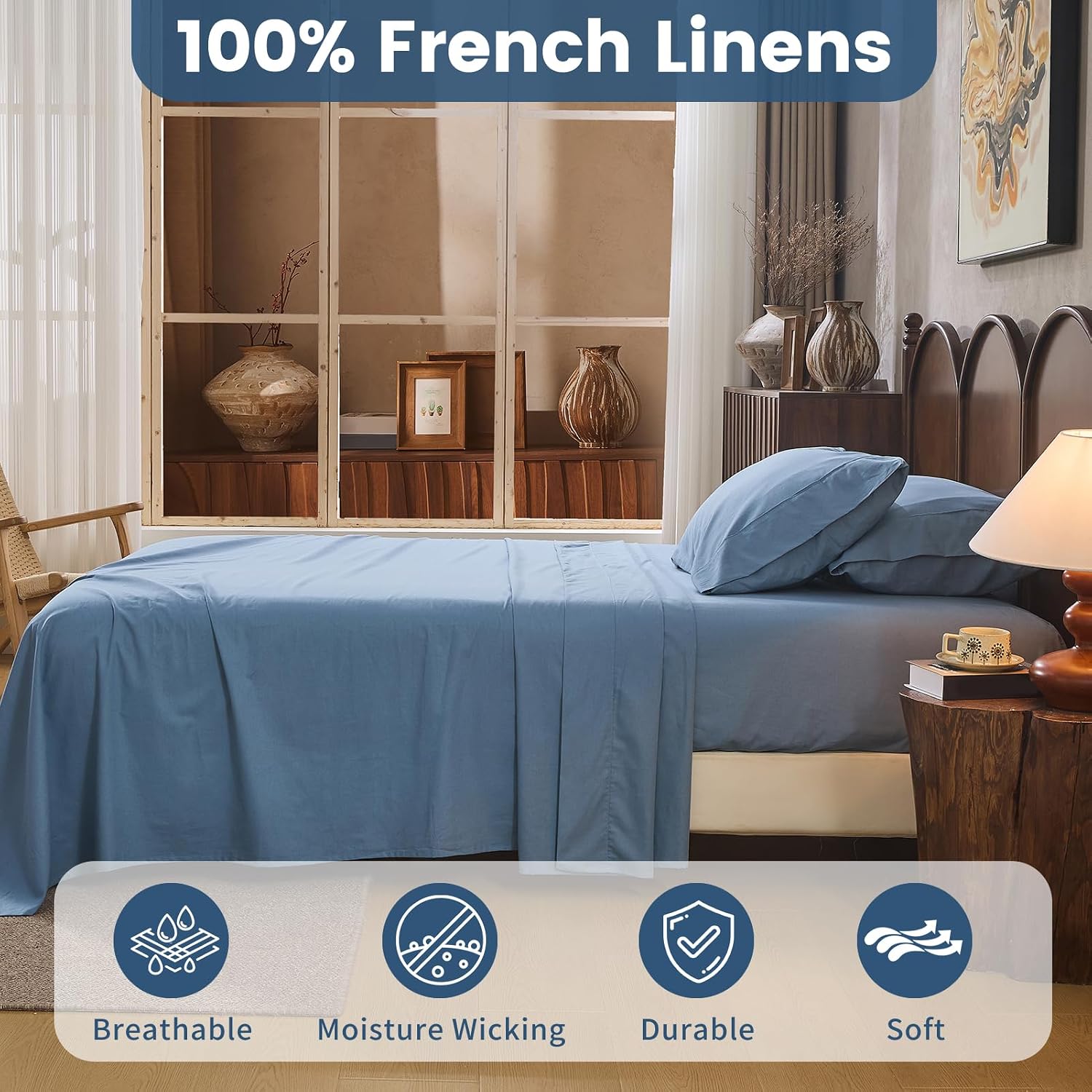 100% Linen Sheets Queen Size,Breathable & Durable 4-Piece Bed Flax Sheet Set,Soft All-Season Bedding for Hot Sleepers 16' Deep Pocket Oeko-TEX Certified,（Queen, Dusty Blue）