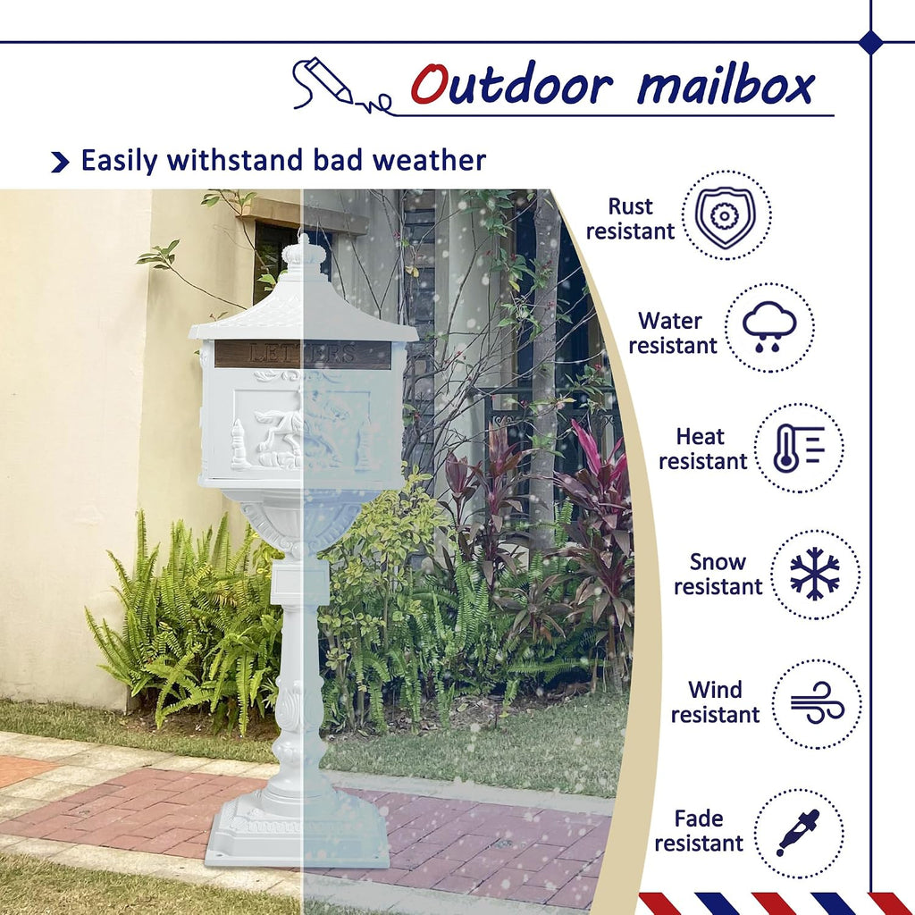 Retro Locking Mailboxes for Outside Aluminum Freestanding Mailbox with Post, Heavy Duty Mail Boxes for House with Post, White