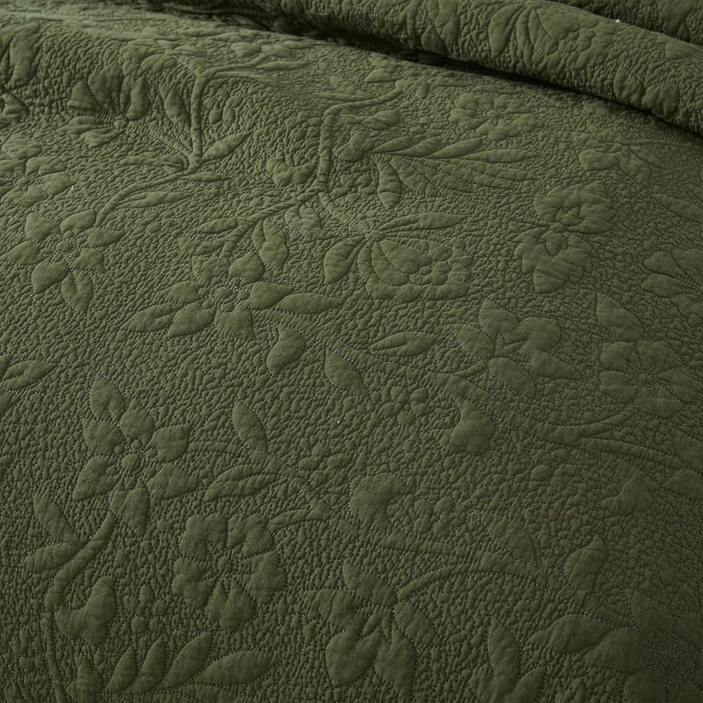 Brandream Quilt Set King Size Cotton Floral and Vines Matelasse Bedding Lightweight Ruffled Quilt Set 3-Piece Olive Green
