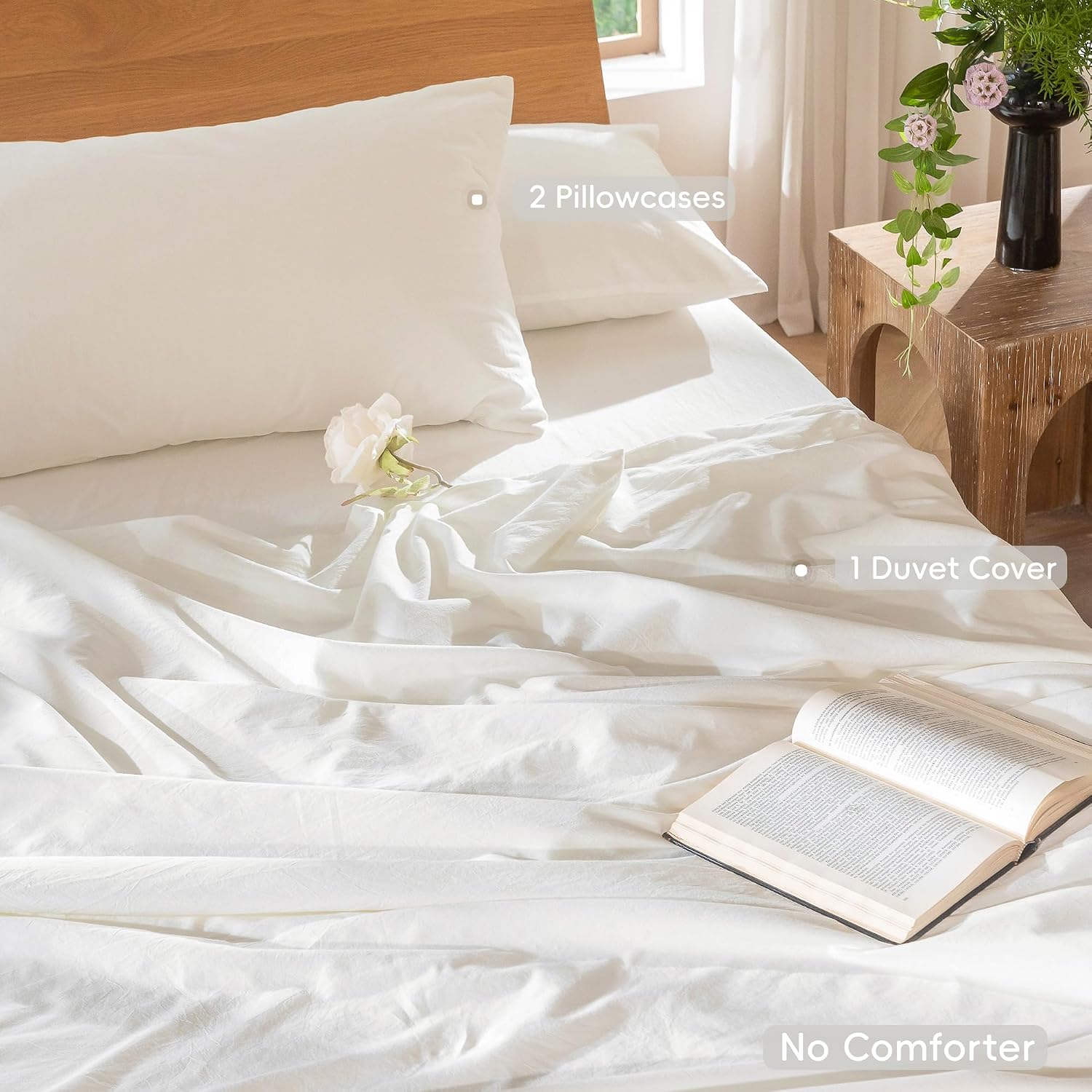MooMee Bedding Duvet Cover Set 100% Washed Cotton Linen Like Textured Breathable Durable Soft Comfy (Solid Off White, Oversized King Plus 128'x120')
