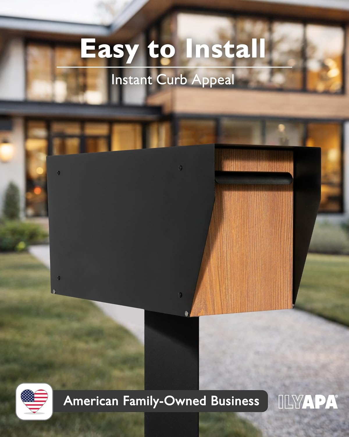 Ilyapa Modern Black Mailbox & Post Sleeve Bundle | Heavy Duty, All-Weather Powder-Coated Steel Curbside Mailbox & 43' Metal Post for Outside w/Universal Mounting Bracket.