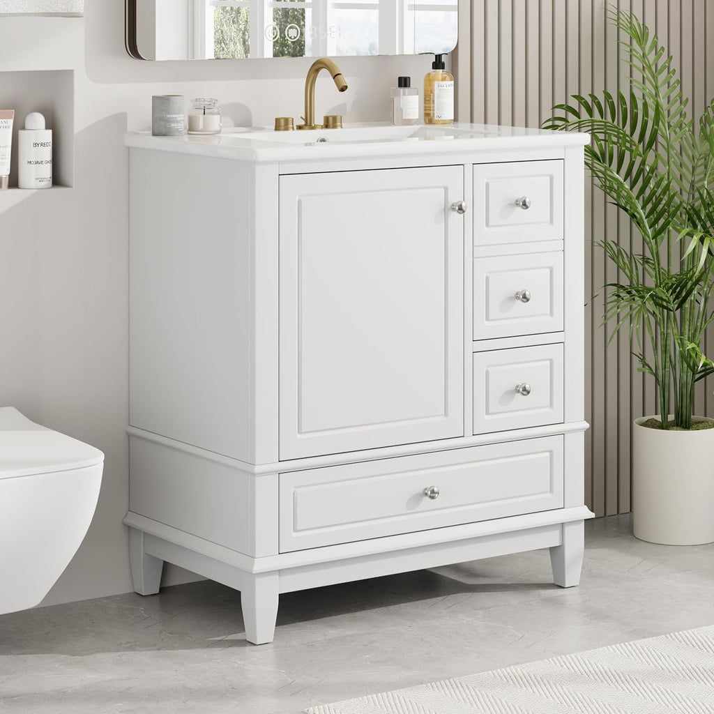 30 Inch White Bathroom Vanity with Sink,Modern Bathroom Sink Cabinet 30 Inch,Drop-in with Integrated Countertop,Storage Door Organizer & 3 Drawers,Soft Closing,Solid Wood Frame