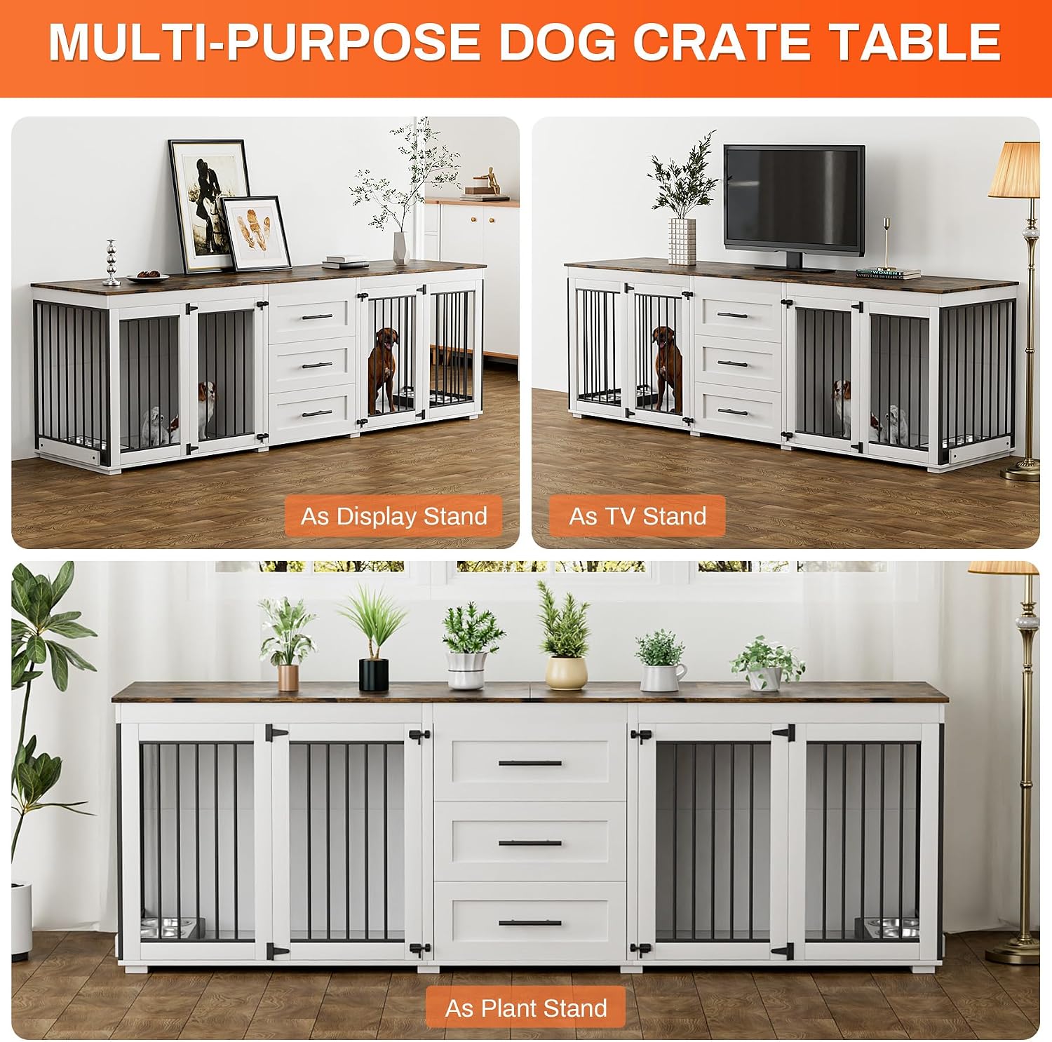 Rophefx 94.5' Dog Crate Furniture for 2 Dogs, Large Dog Kennel Furniture with 3 Storage Drawer, Wooden Dog Cage with 4 Bowls, Indoor Dog House TV Stand with Locks for Large Medium Dog, White Brown