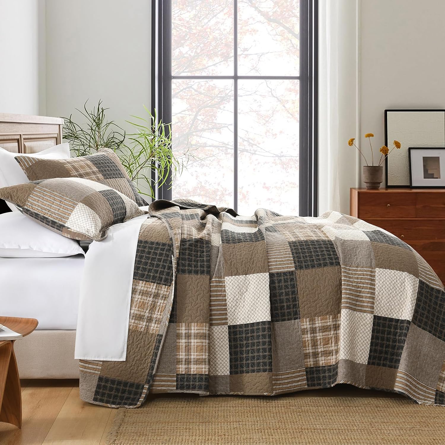 Finlonte Quilt King Size, King Quilt Set, Cotton Quilt, Farmhouse Plaid King Quilted Bedspread, Charcoal Beige Brown Lightweight Comforter Bedding Set for All Season, 3-Piece