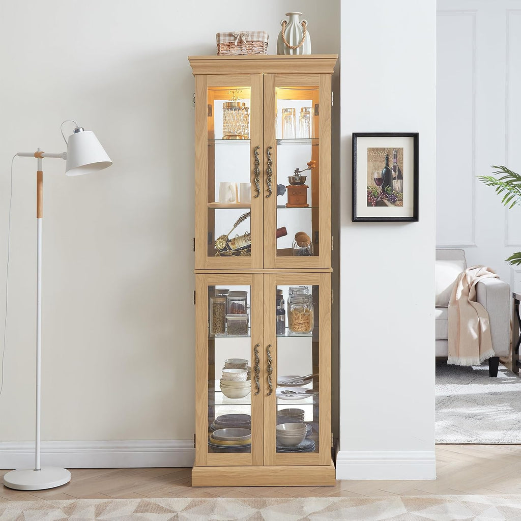 71' H Lighted Curio Cabinet Display Case, Glass Curio Cabinets with Adjustable Shelves and Tempered Glass Door, Wooden Cabinet w/Mirrored Back Pane for Living Room (Light Oak)