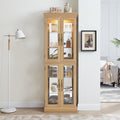 71' H Lighted Curio Cabinet Display Case, Glass Curio Cabinets with Adjustable Shelves and Tempered Glass Door, Wooden Cabinet w/Mirrored Back Pane for Living Room (Light Oak)
