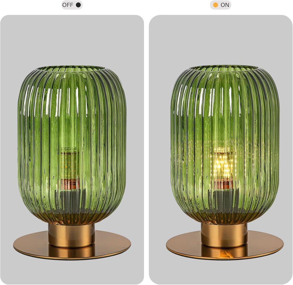 Bedside Table Lamps Set of 2, Small Glass Table Lamp Green Bedside Lamp with Brass Metal Base, Mid Century Table Lamp Gold Nightstand Lamp End Table Lamps for Bedroom Living Room Office