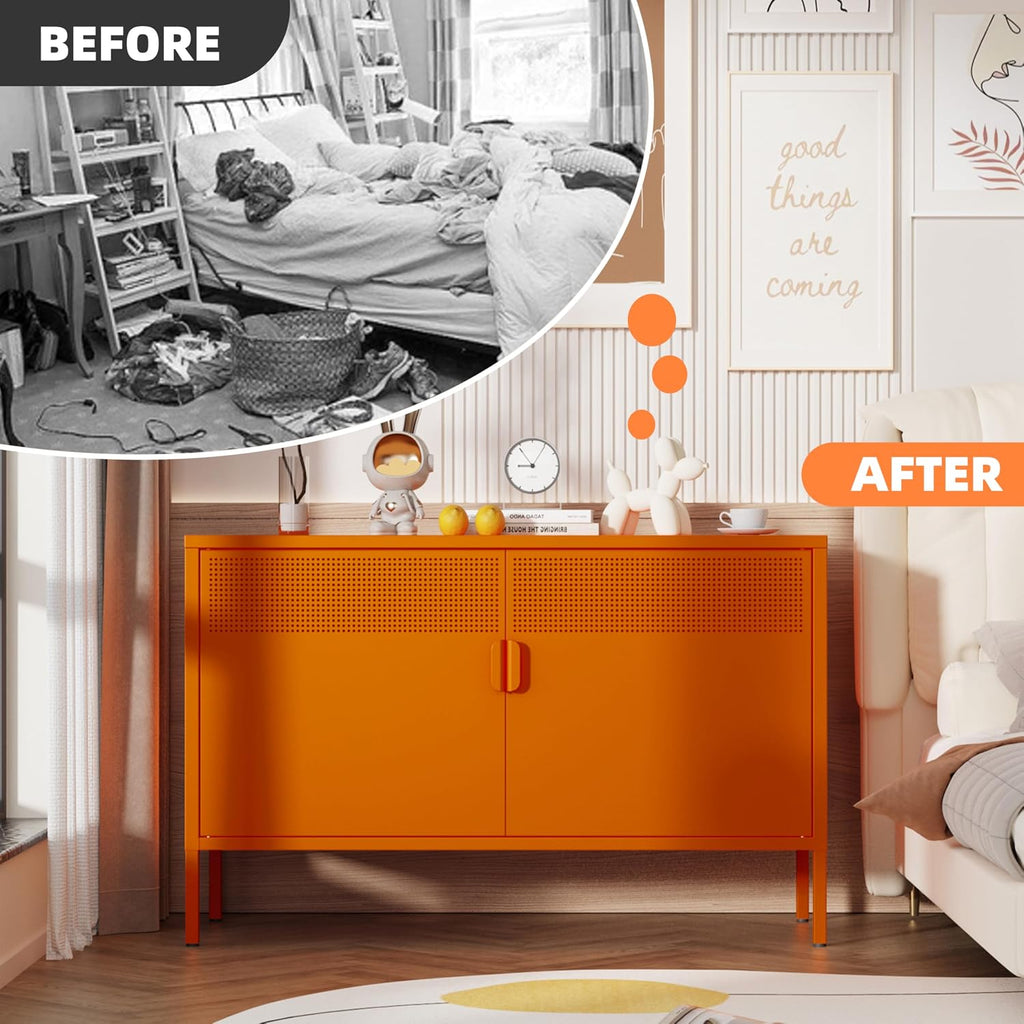 Orange Metal Storage Cabinet,2 Door TV Stand, Metal Mesh Accent Cabinet,Magnetic Door Closure,Low Storage Cabinets with Doors and Shelf for Home,Office,Living Room