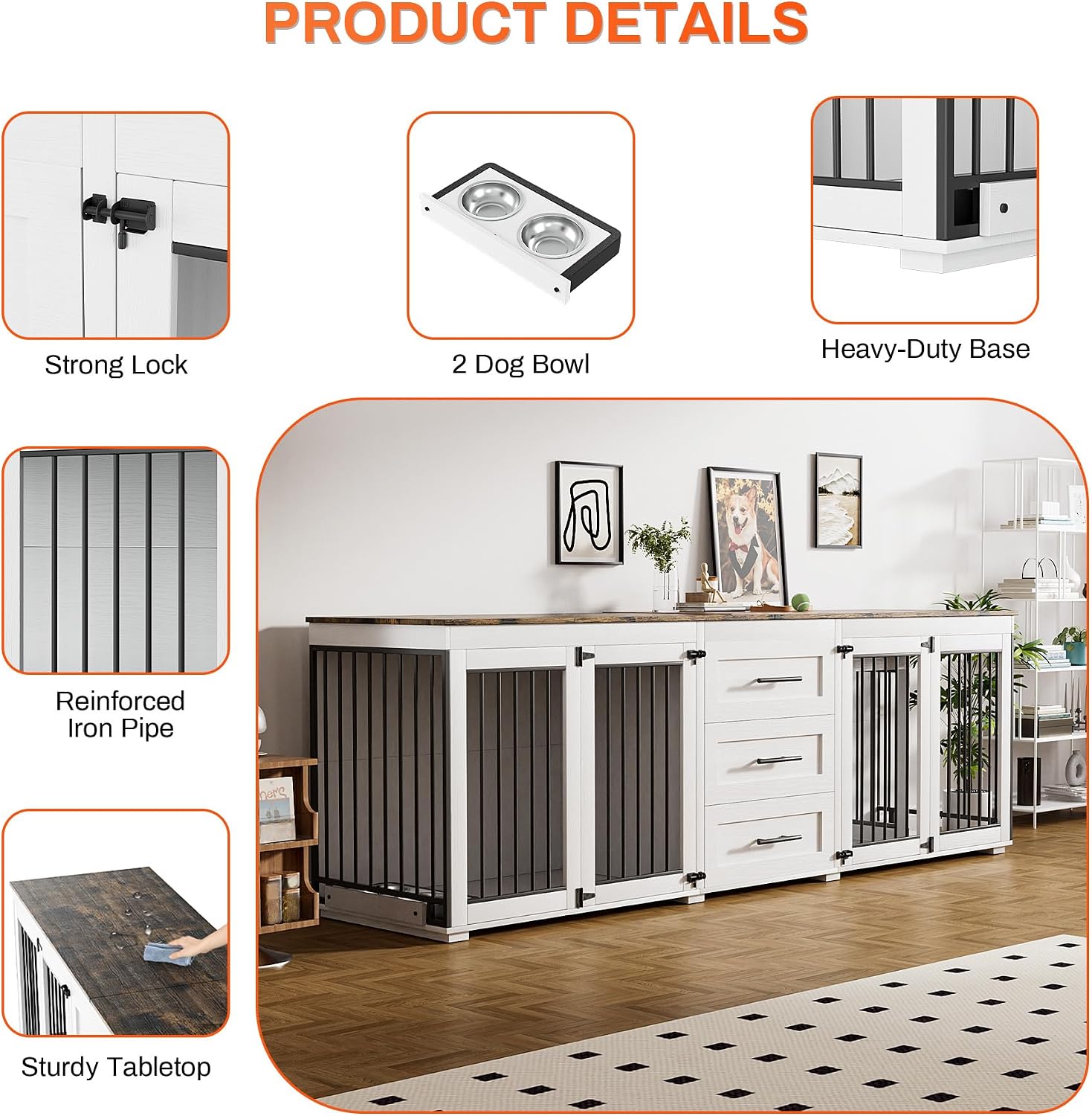 Rophefx 94.5' Dog Crate Furniture for 2 Dogs, Large Dog Kennel Furniture with 3 Storage Drawer, Wooden Dog Cage with 4 Bowls, Indoor Dog House TV Stand with Locks for Large Medium Dog, White Brown