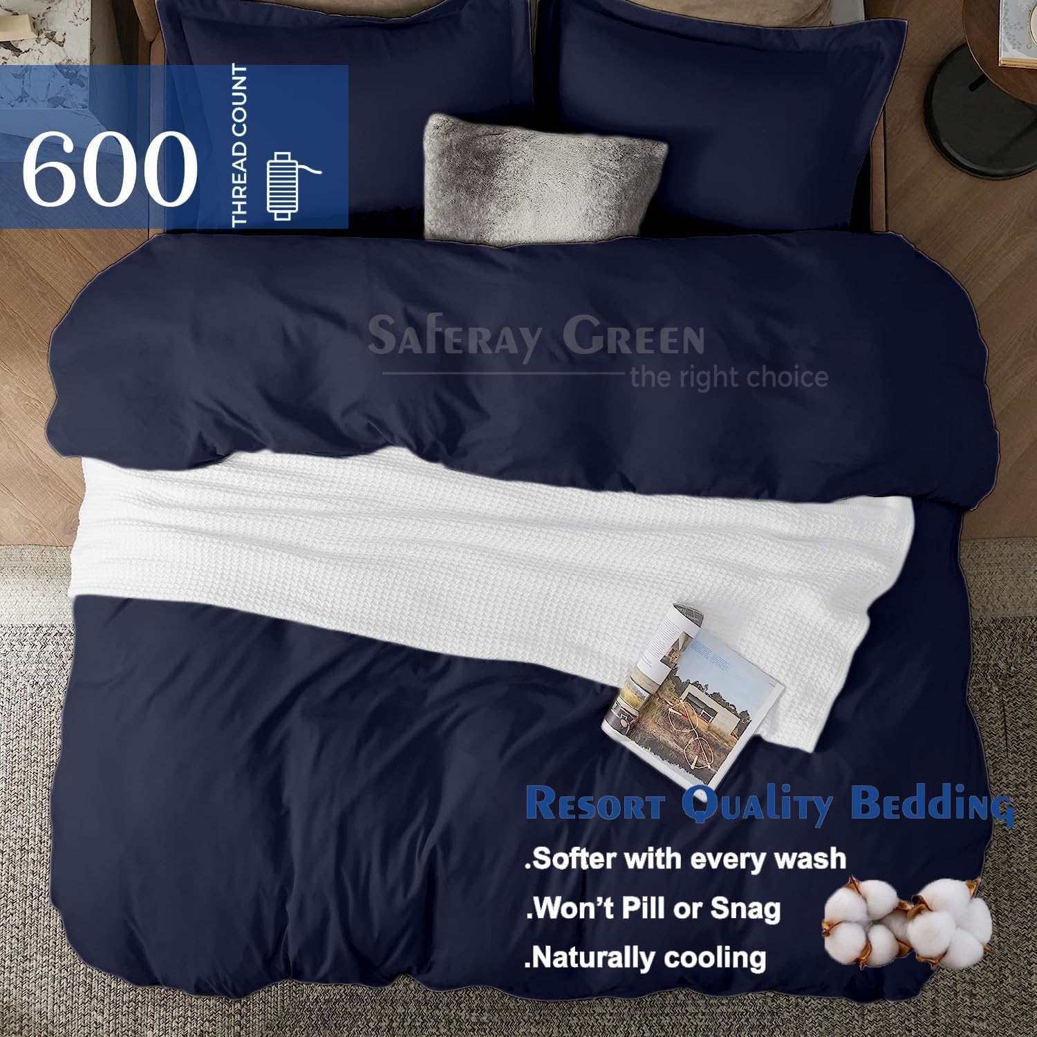 Navy Blue Duvet Cover Set Oversized Queen Size 1 Duvet Cover with 2 Pillow Shams 3-Pc Comforter Cover with Zipper Closure & Corner Tie 100% Egyptian Cotton Cover (98x98 Inch, Navy Blue)